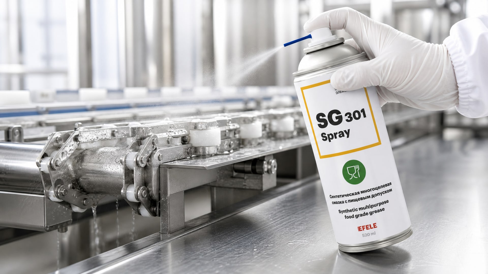 Рука в перчатке наносит EFELE SG-301 Spray на упаковку на конвейере.