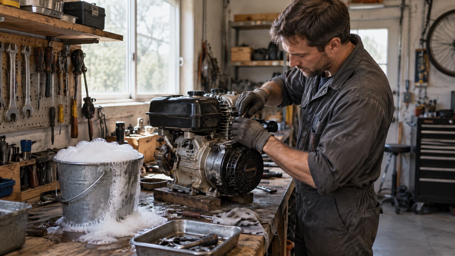 Пенообразование сож в ведре воды на верстаке в домашнем гараже.