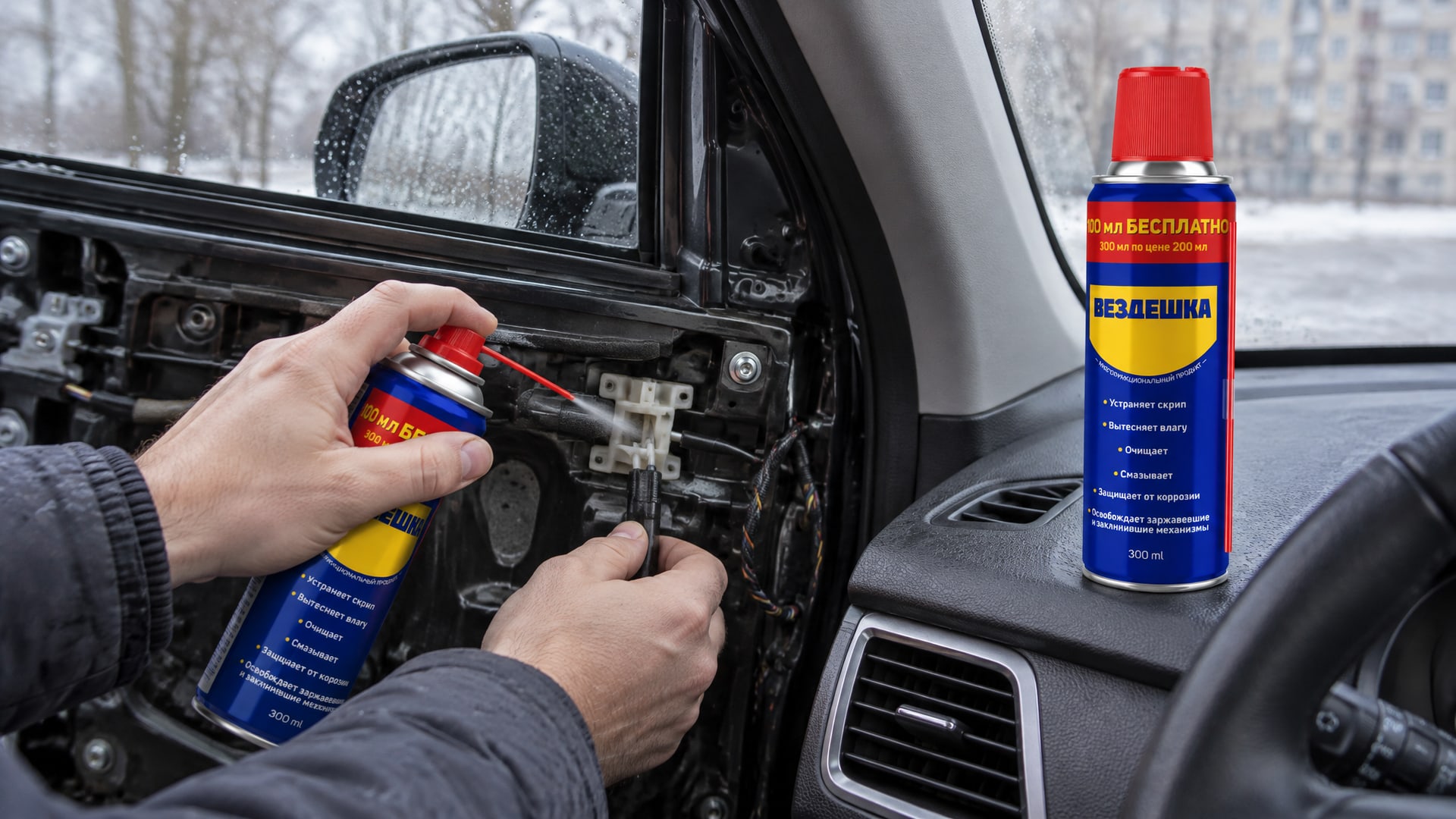 Рука в перчатке наносит универсальную смазку WD40 на пластиковую деталь.