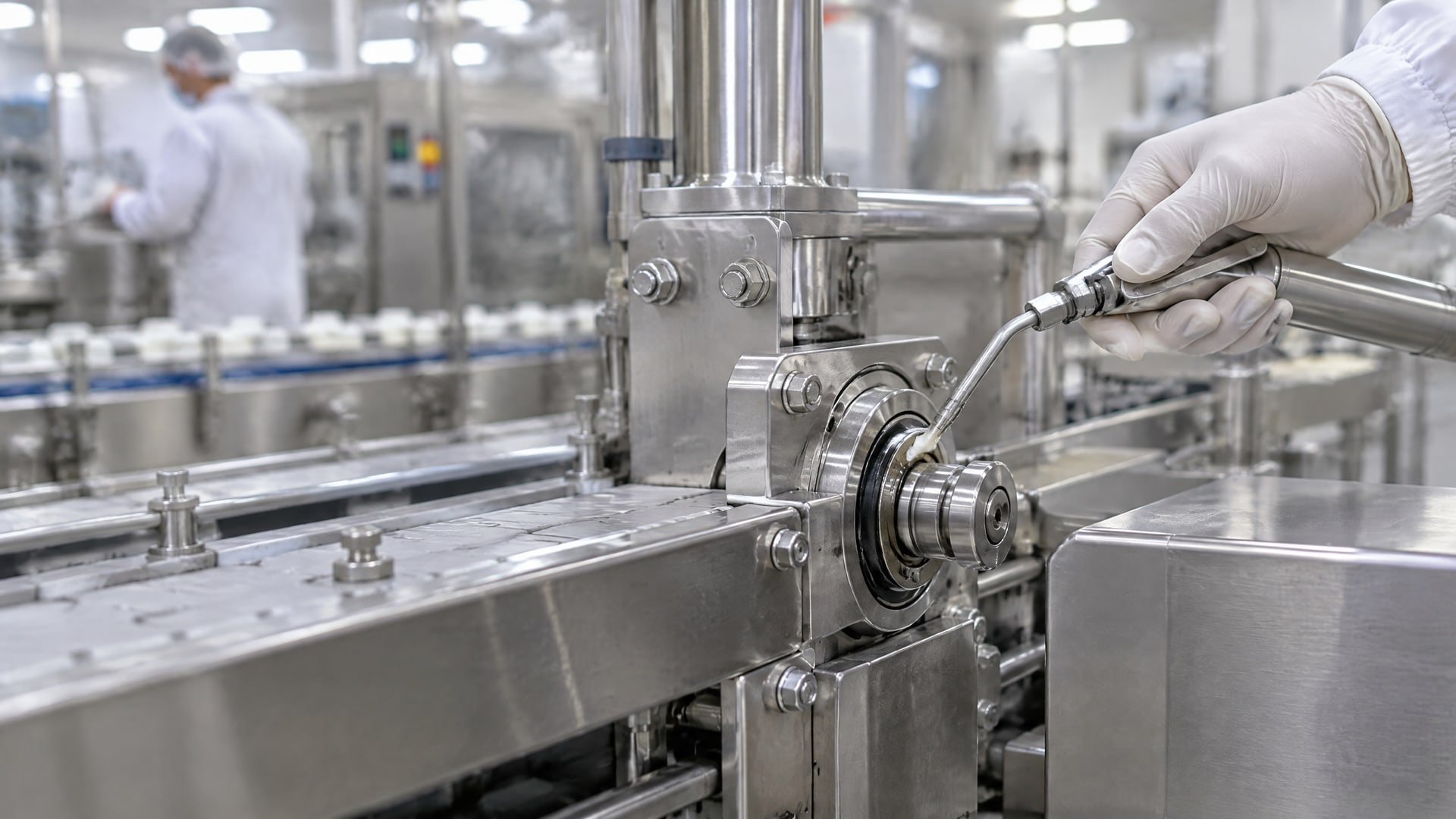 Смазка подшипников конвейера на газовом затворе тонкой струей прозрачного состава из сопла.