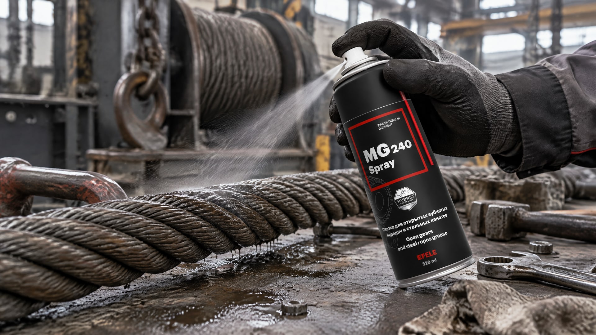 Рука в перчатке наносит EFELE MG-240 Spray на стальной канат.
