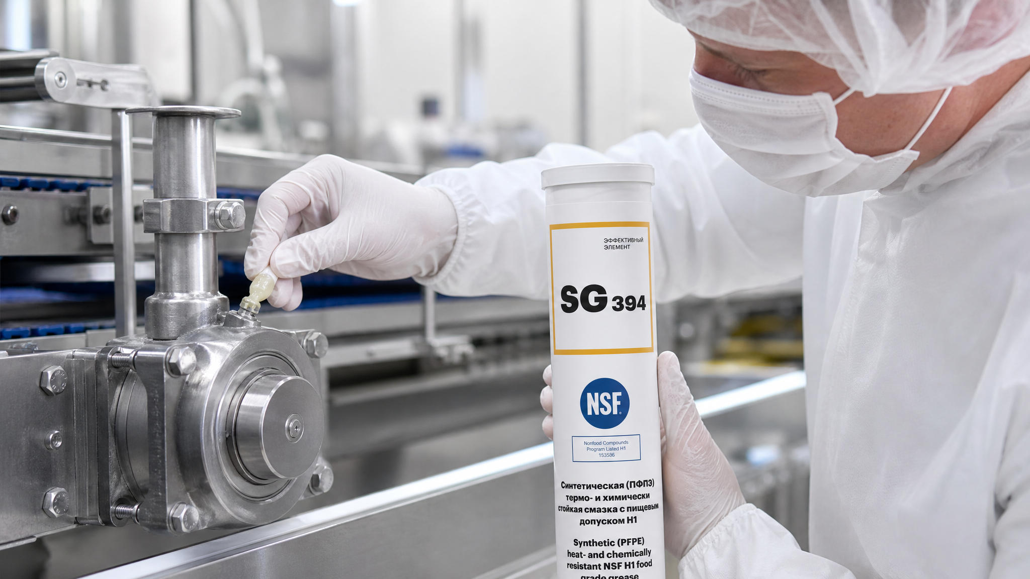 Рука наносит EFELE SG-394 (термо-химстойкая, NSF H1) на упаковку.
