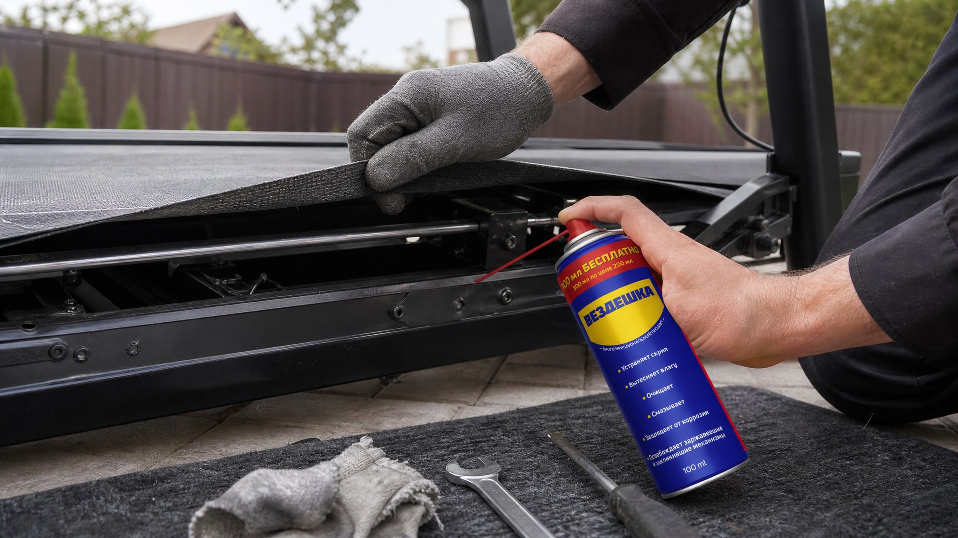 Рука в перчатке наносит универсальную смазку wd-40 на беговую дорожку.