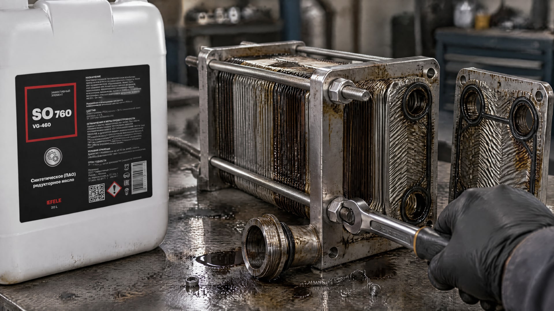 Рука в перчатке наносит EFELE SO-760 VG-460 (редукторное), замена масла лукойл.