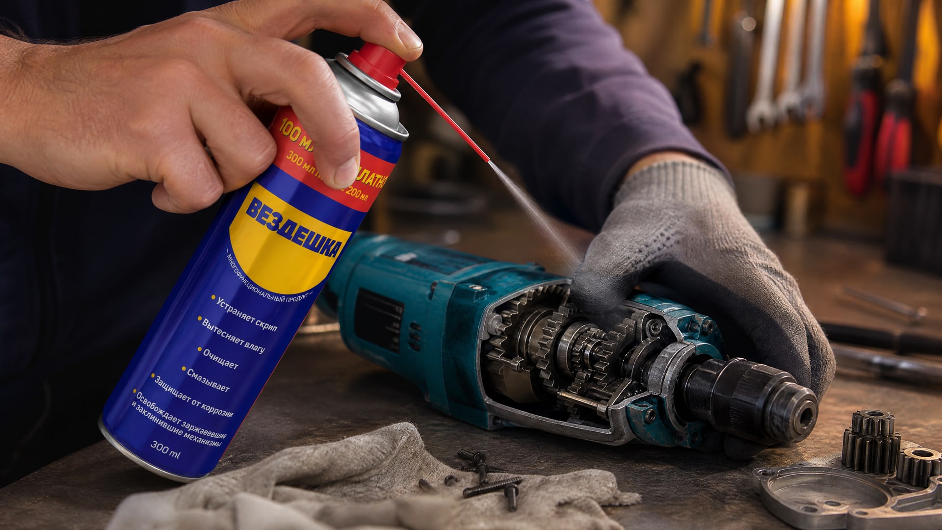 Рука наносит универсальную смазку WD40 на электроинструмент.
