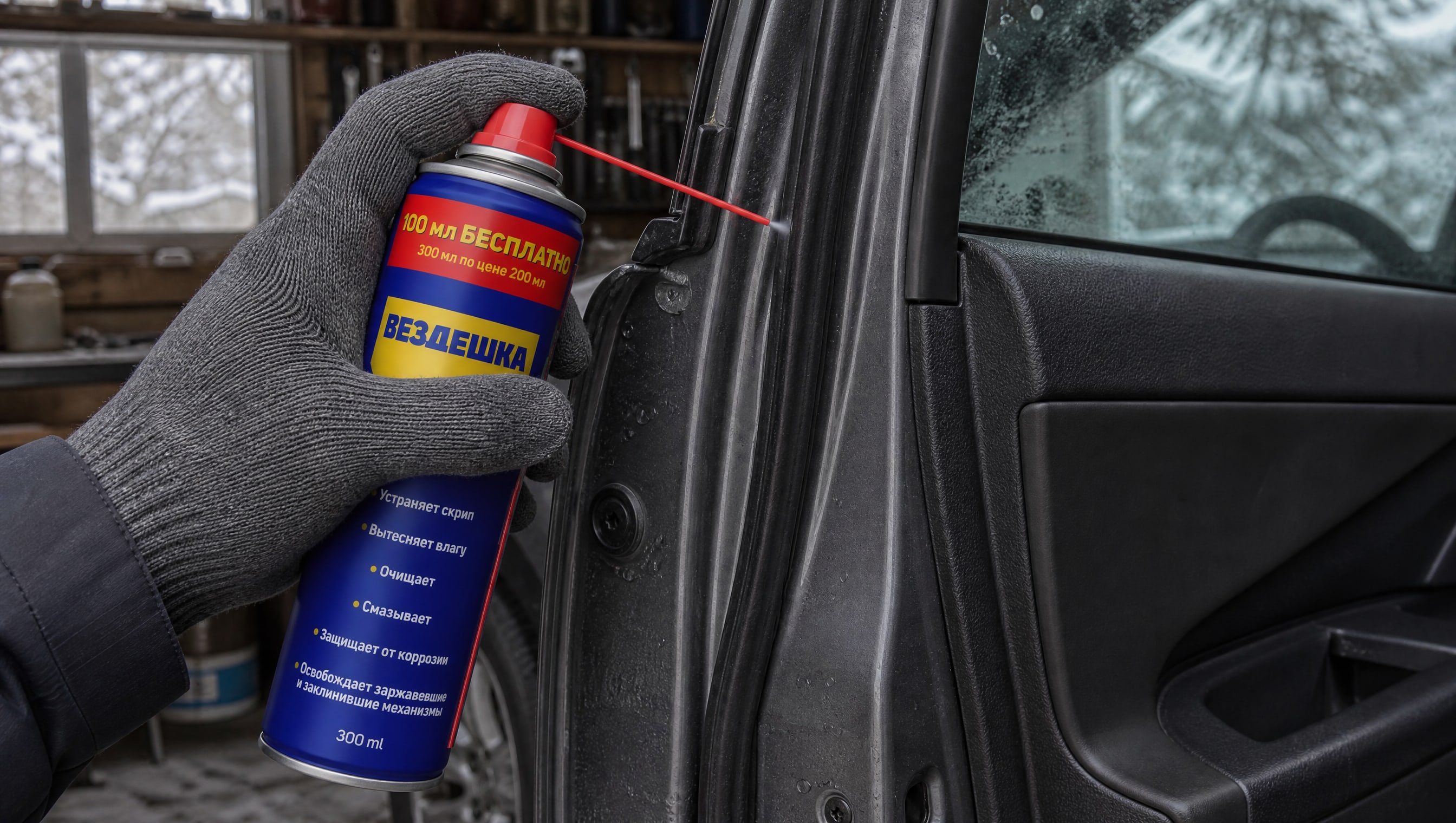 Рука в перчатке наносит универсальную смазку WD-40 на уплотнители.