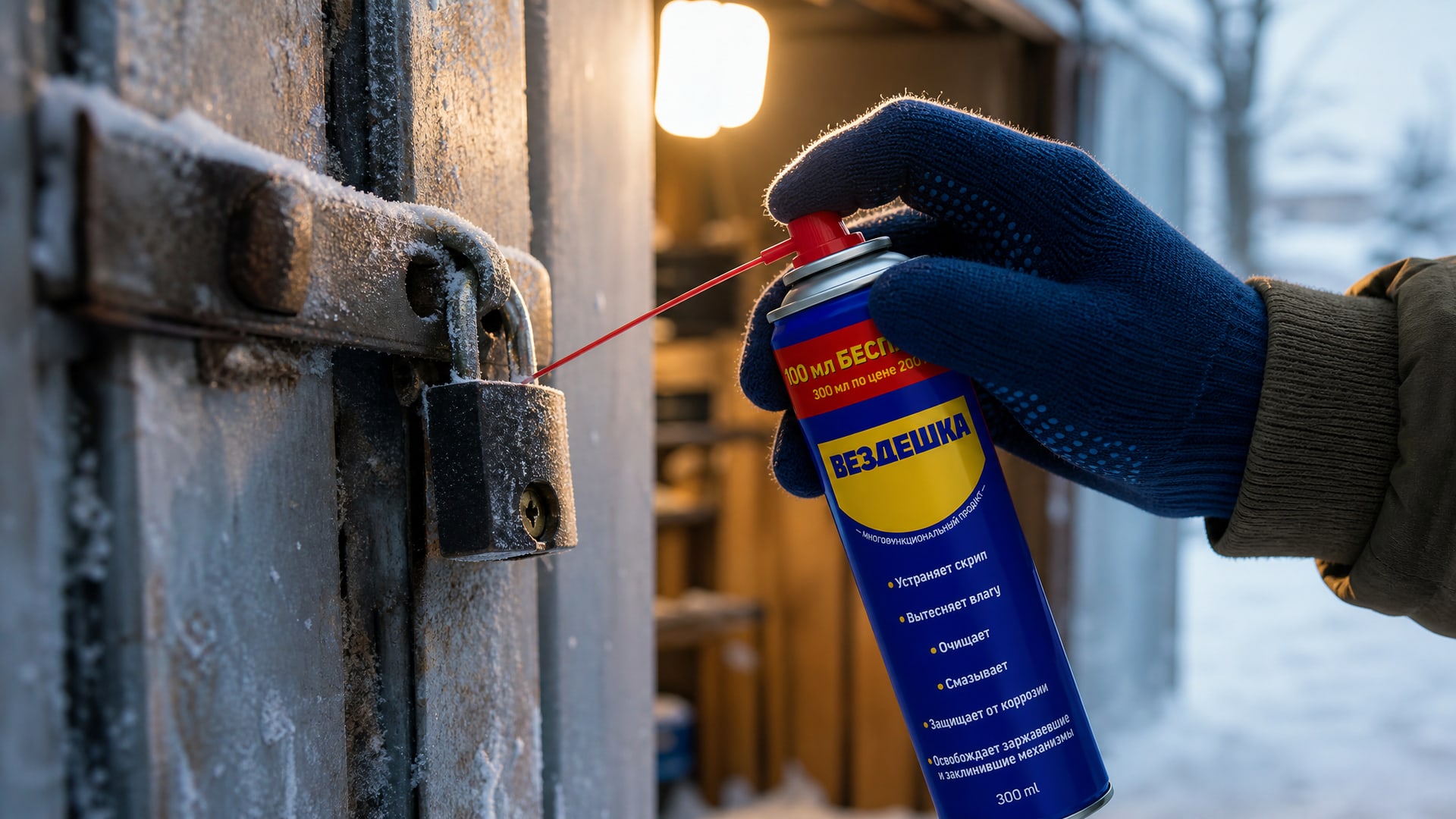 Рука в перчатке наносит универсальную смазку WD-40 на навесной замок.
