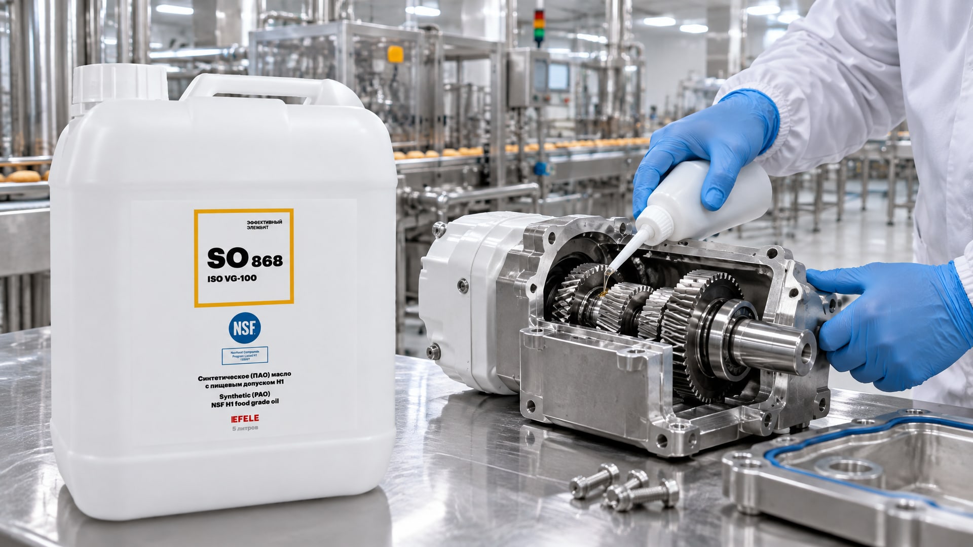 Рука в перчатке наносит EFELE SO-868 (ПАО масло, NSF H1) на детали редуктора.