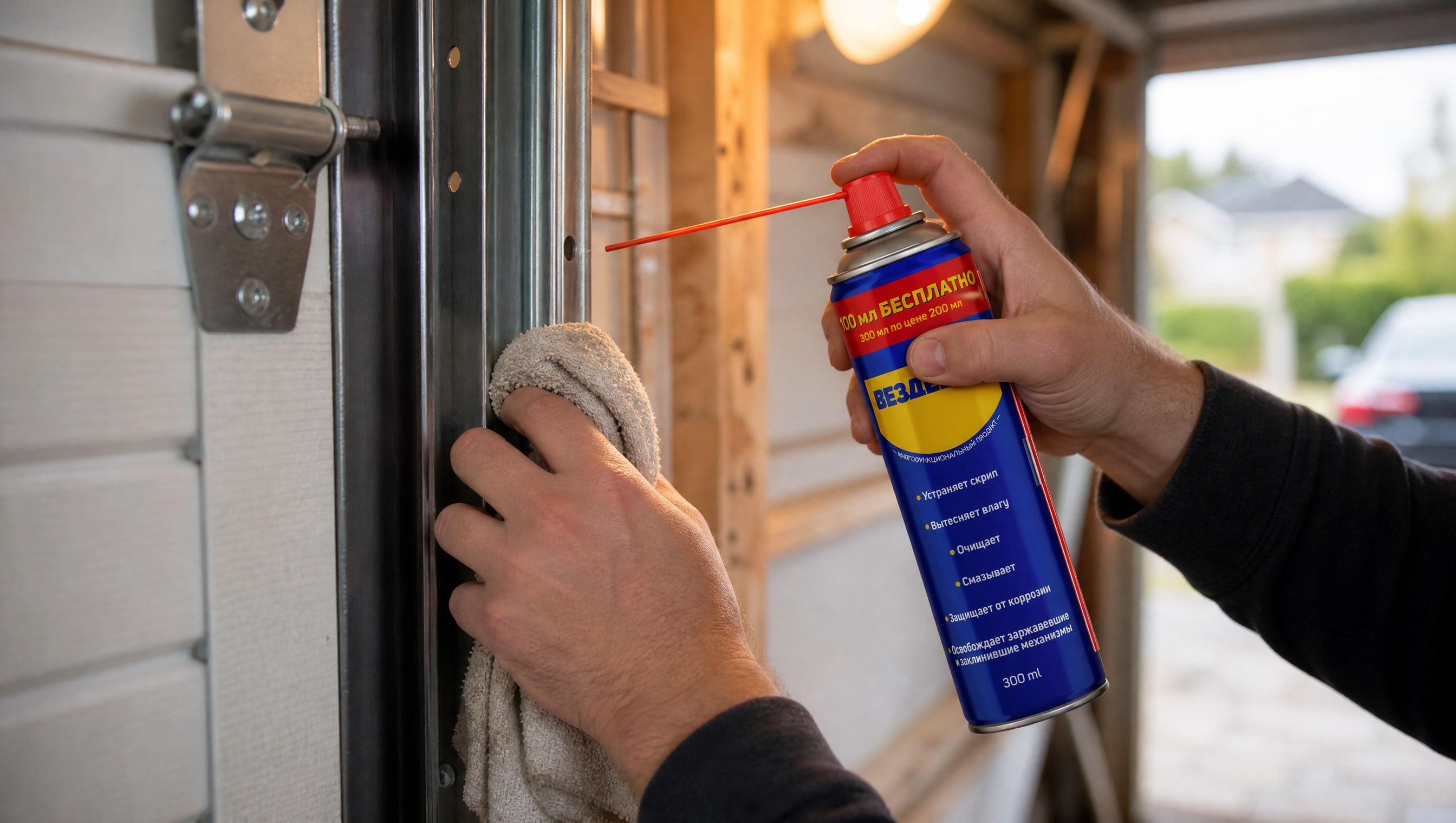 Рука в перчатке наносит универсальную смазку wd-40.