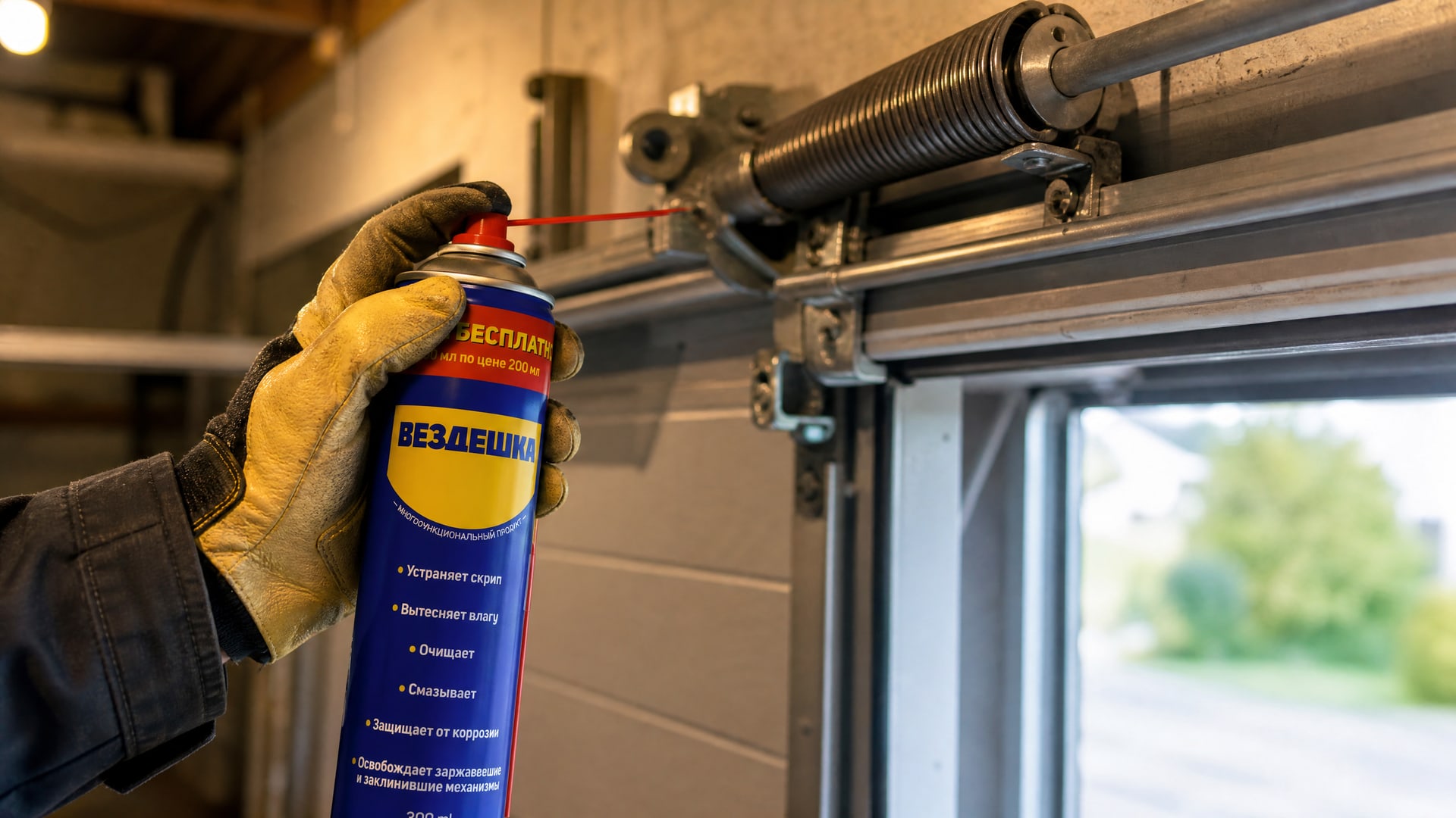 Рука в перчатке наносит универсальную смазку wd-40.