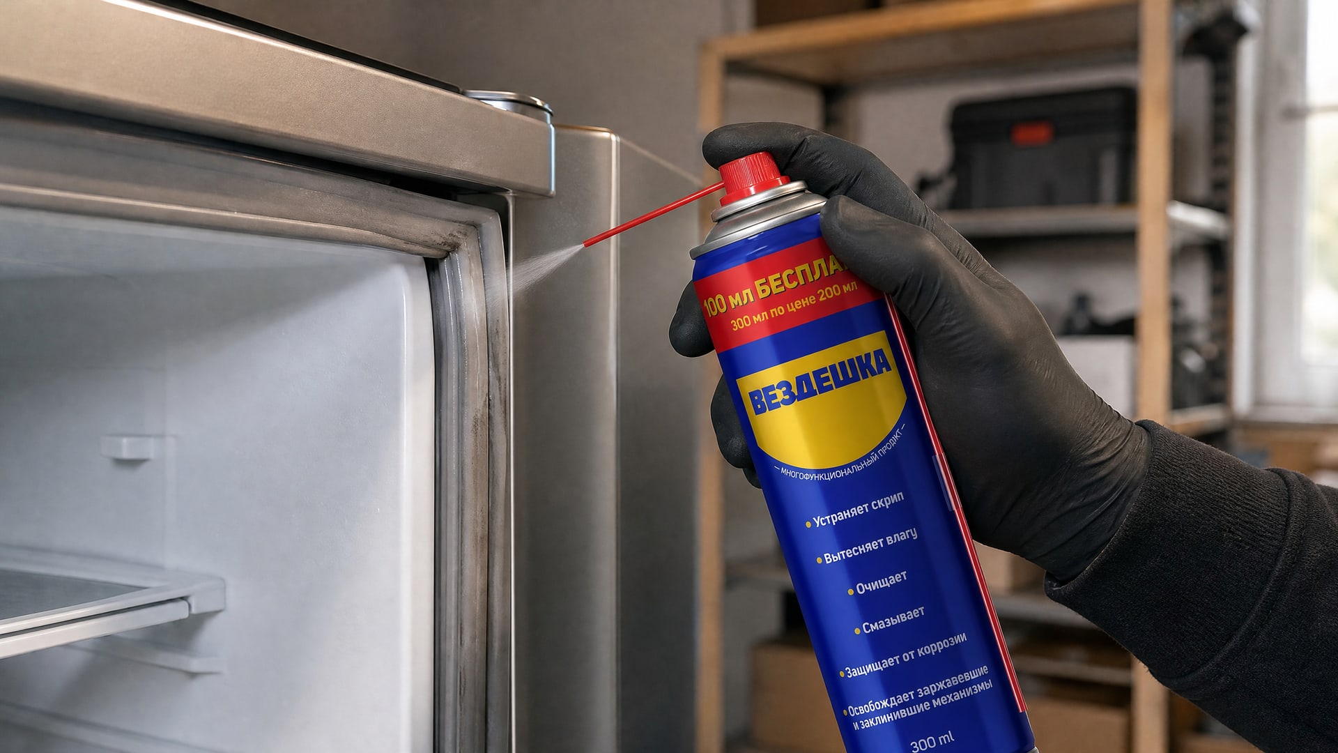 Рука в перчатке наносит универсальную смазку WD-40.