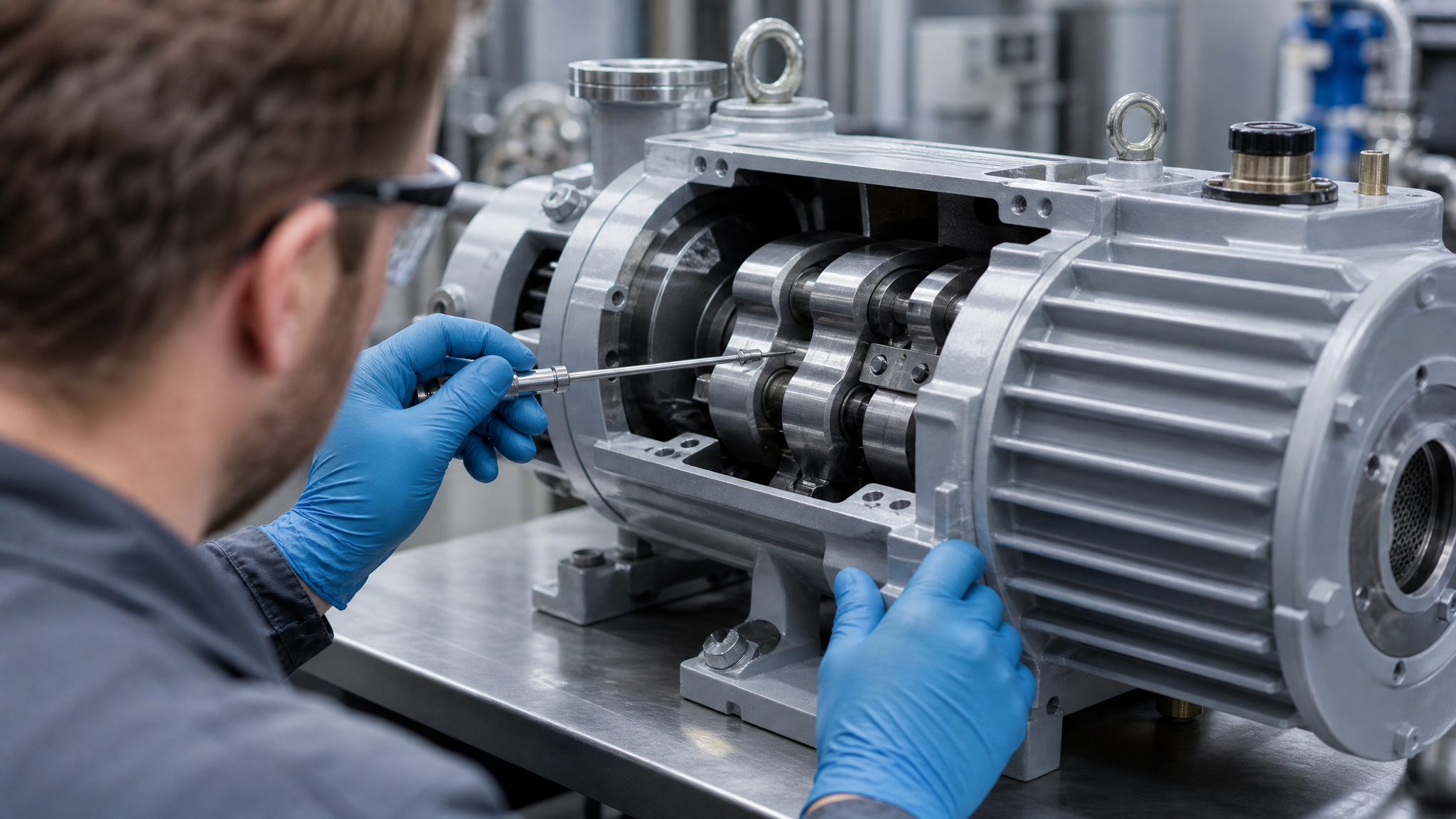 Инженер аккуратно смазывает вакуумный насос компонентами на основе PTFE для защиты вращающихся деталей.