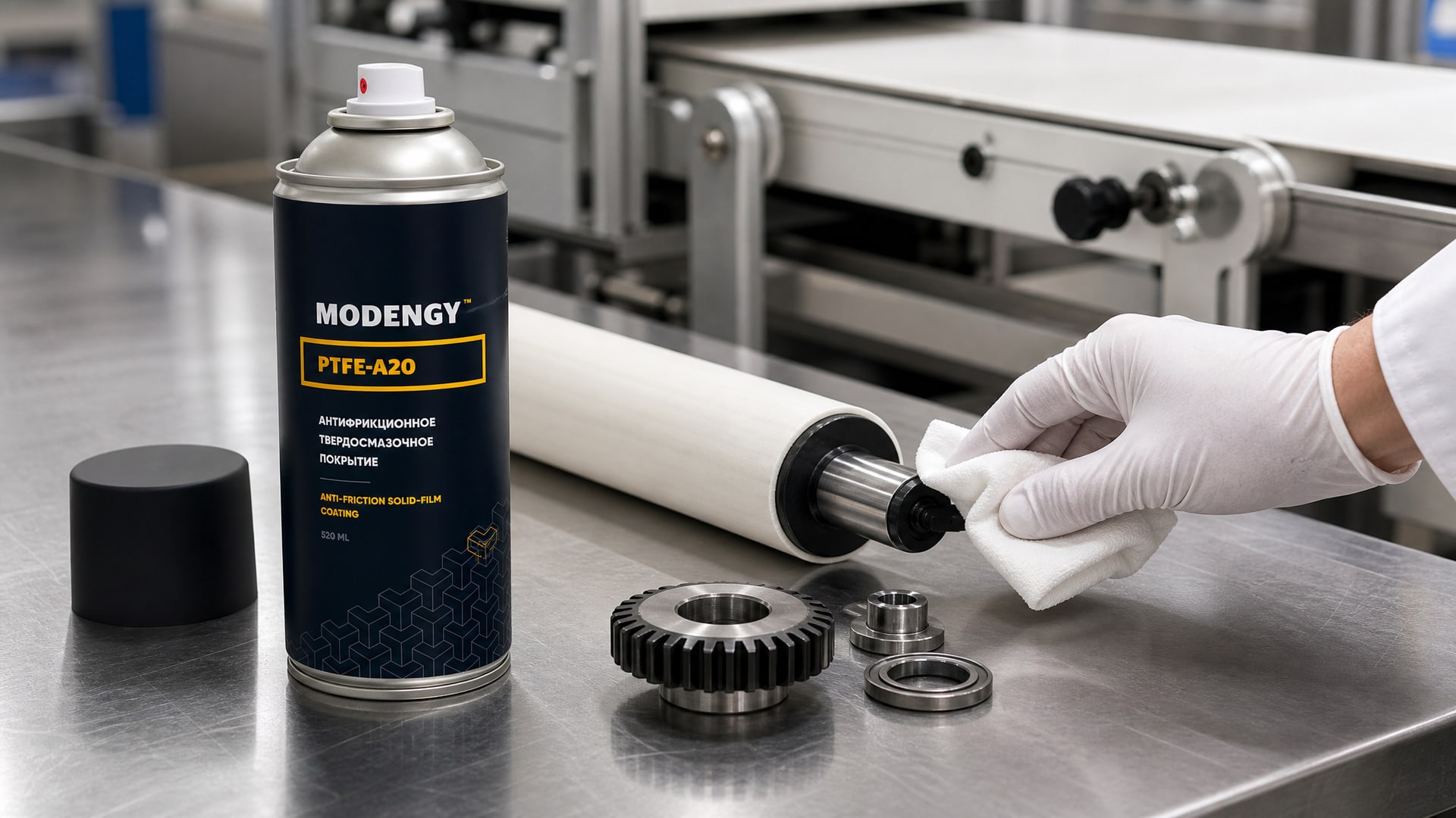 Работник в перчатках наносит MODENGY PTFE-A20.