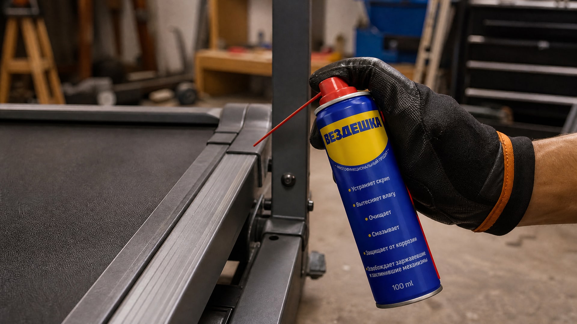 Рука наносит универсальную смазку wd-40 на металлическую деталь.