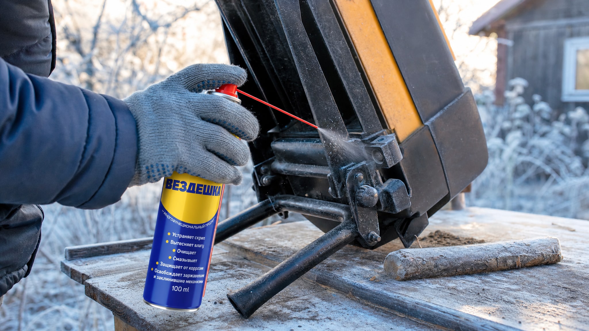 Рука в перчатке наносит универсальную смазку WD40 на механизм.