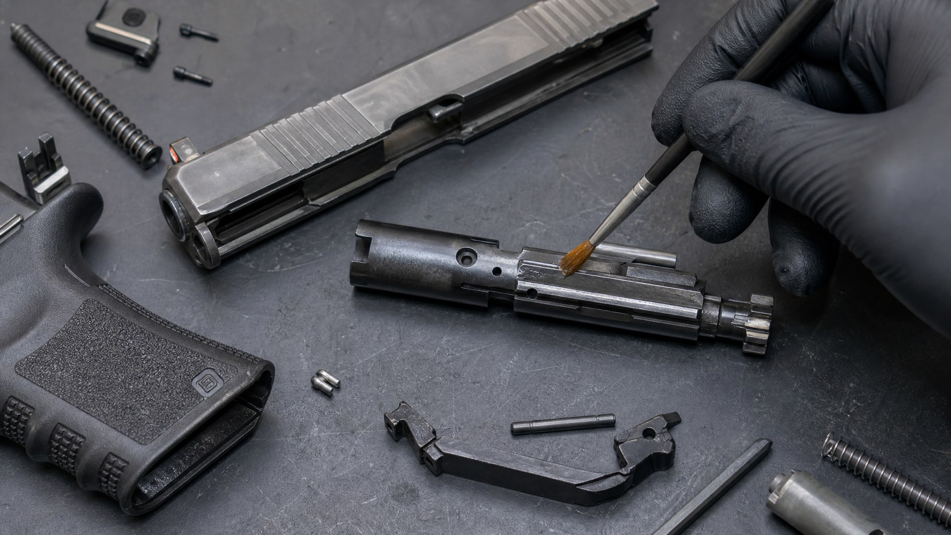 Нанесение смазки кистью на разобранные детали стрелкового оружия.