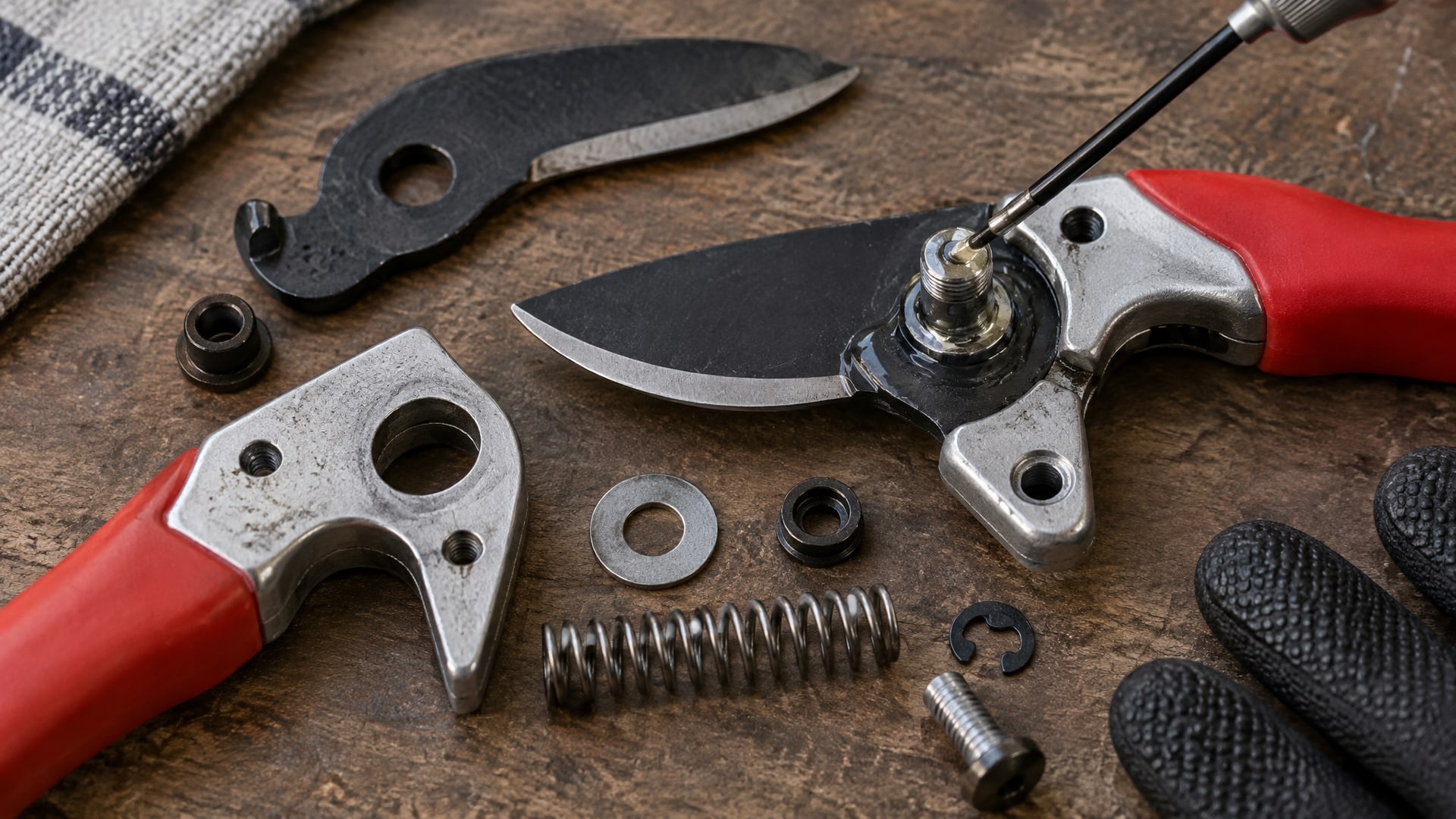 Набор деталей секатора, с четко смазанным шарниром, лежащих на рабочем столе.