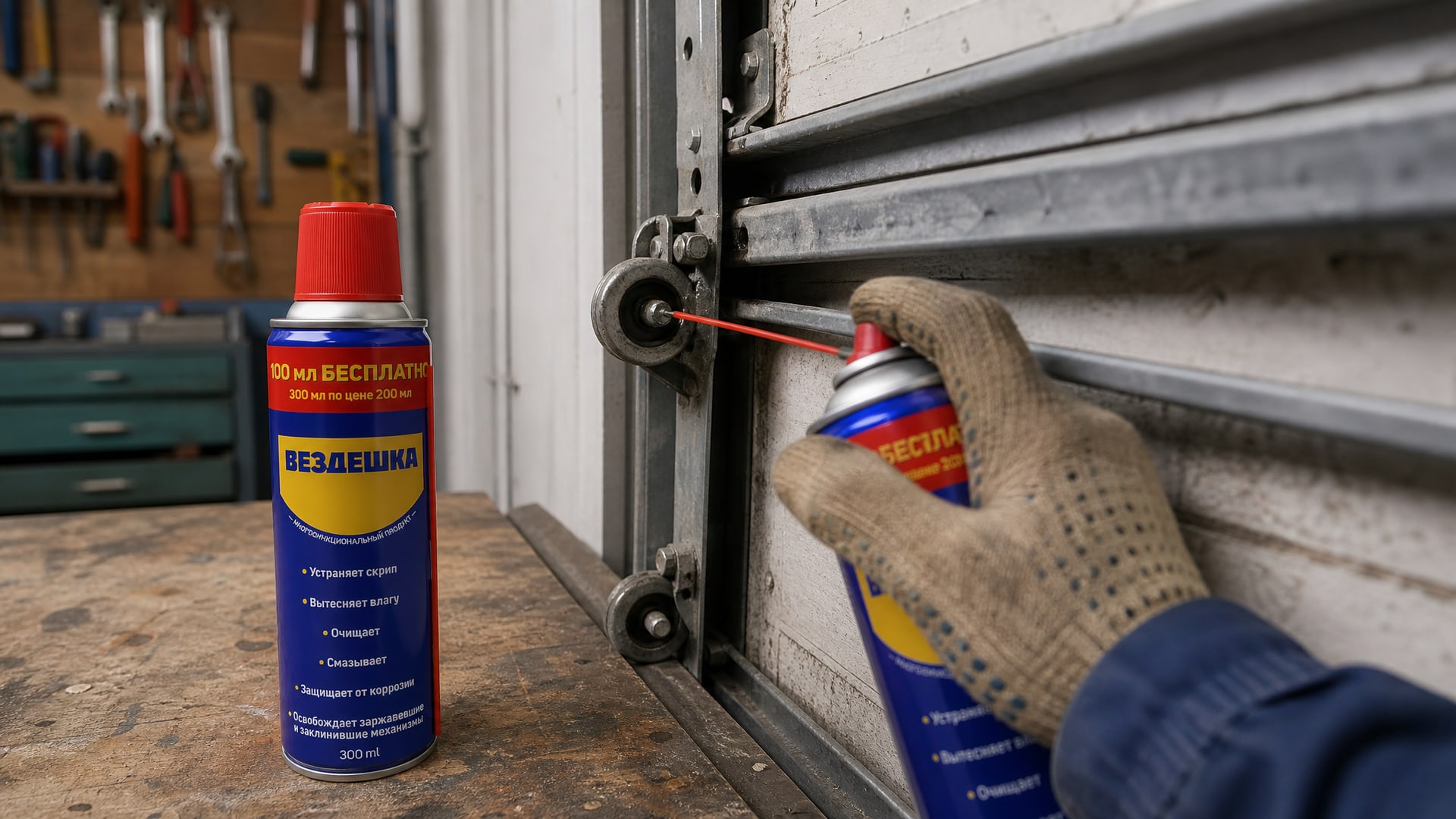 Рука наносит универсальную смазку wd-40 на направляющие ворот.