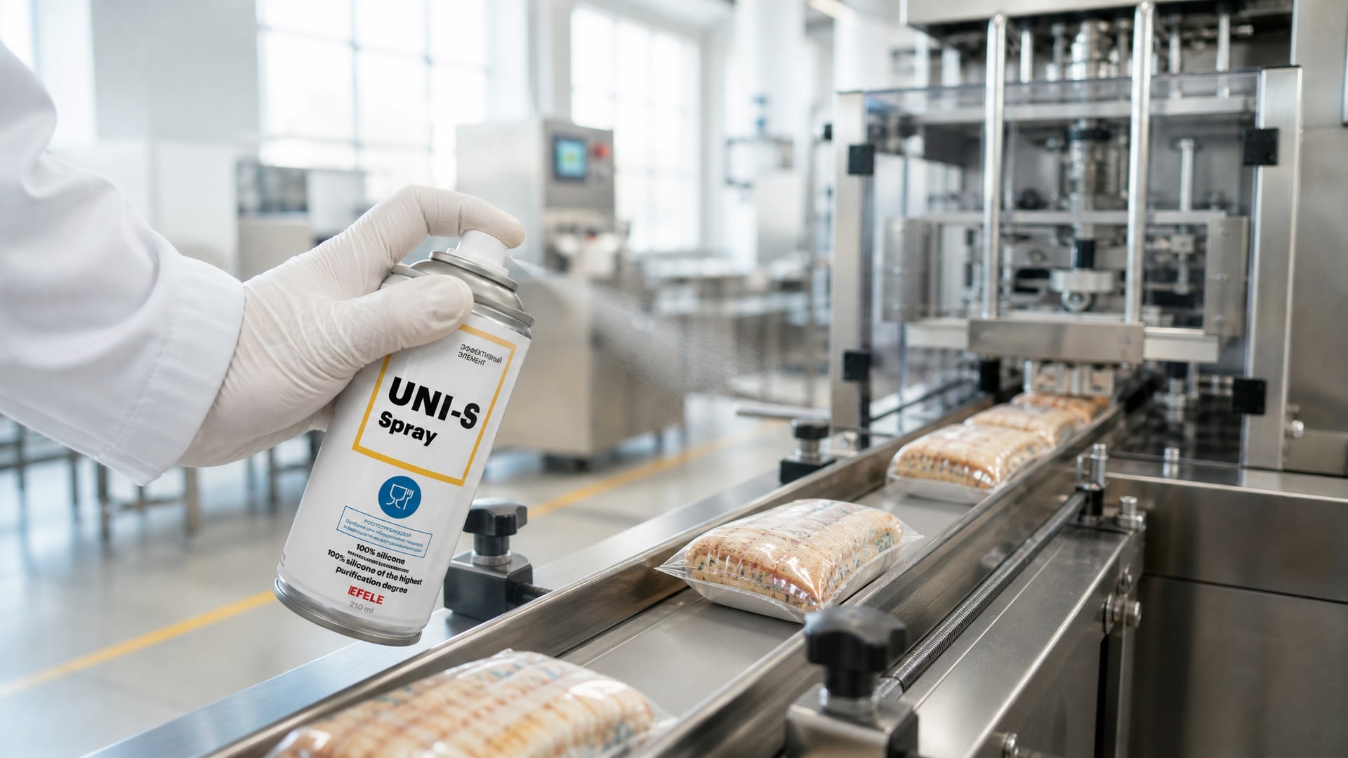 Рука в перчатке наносит EFELE UNI-S Spray (силиконовая, пищевая) на упаковку.
