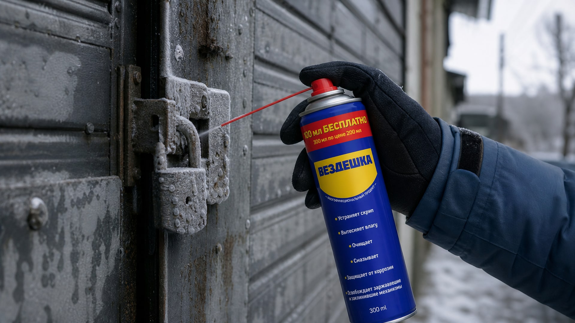 Рука в перчатке наносит универсальную смазку wd-40 на замок.