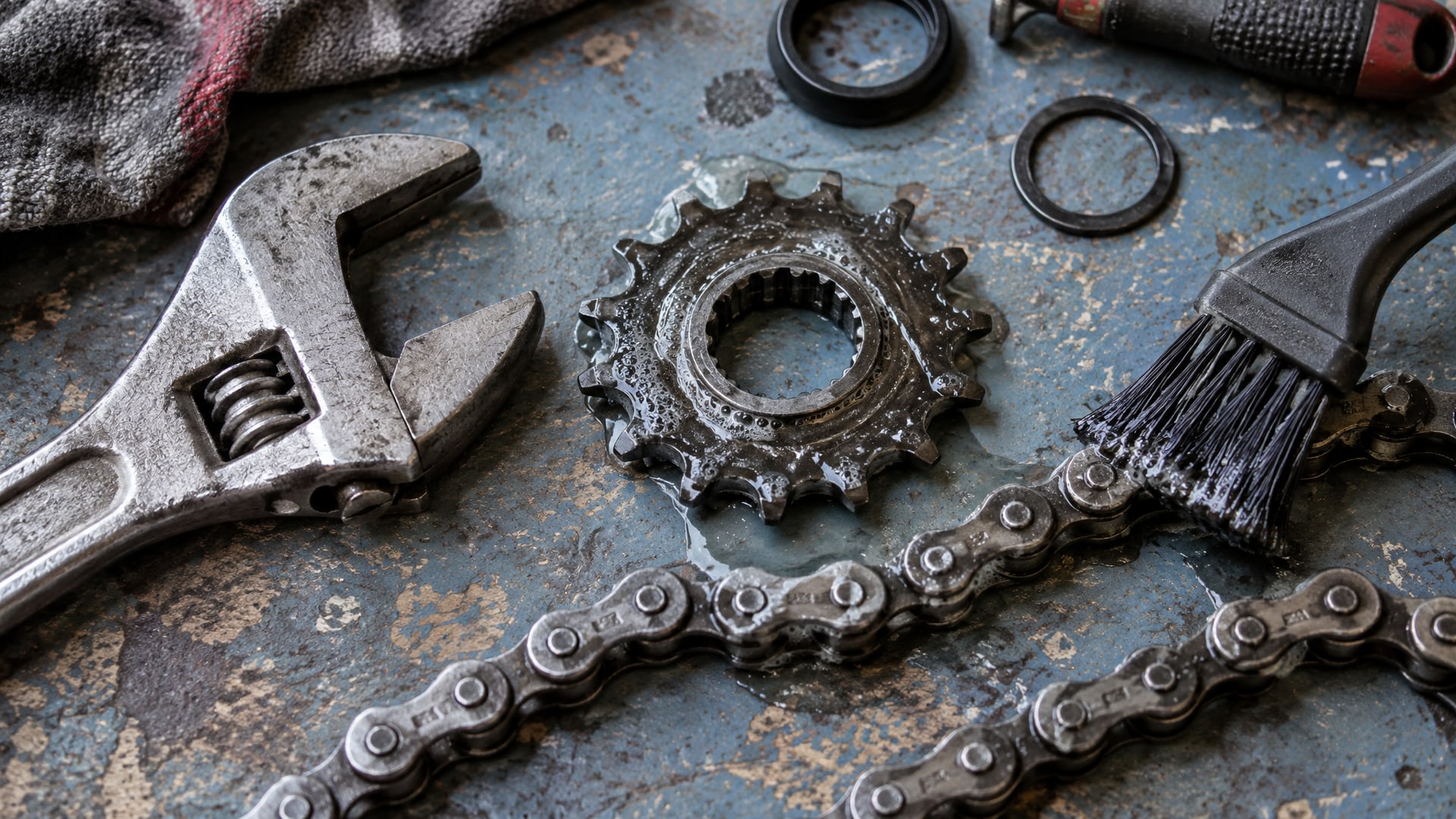 На workbench лежат инструменты и детали велосипеда, на которых тонким слоем видна пена.