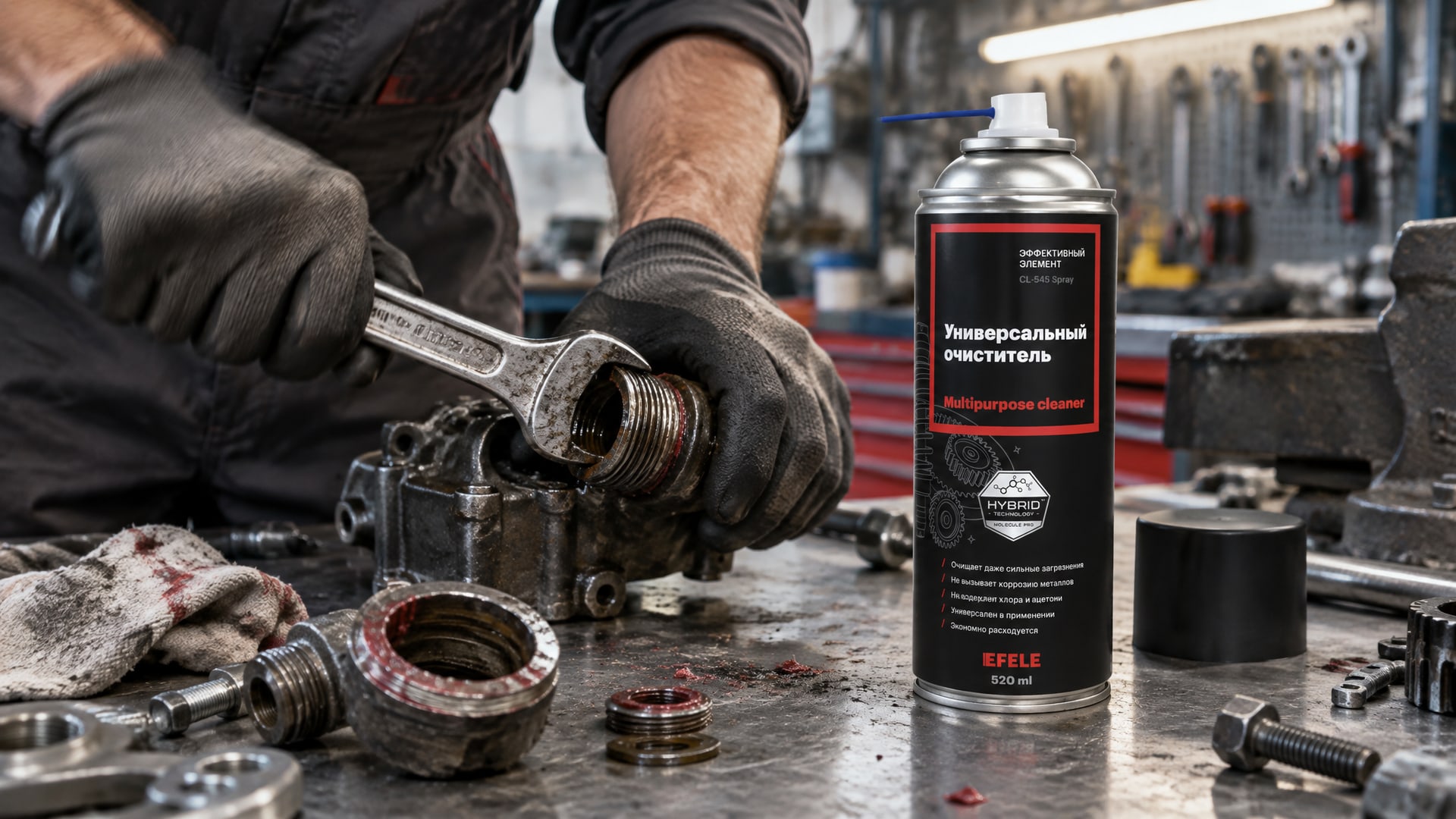 Мастер в перчатке наносит EFELE CL-545 Spray, чтобы удалить анаэробный герметик с резьбы.