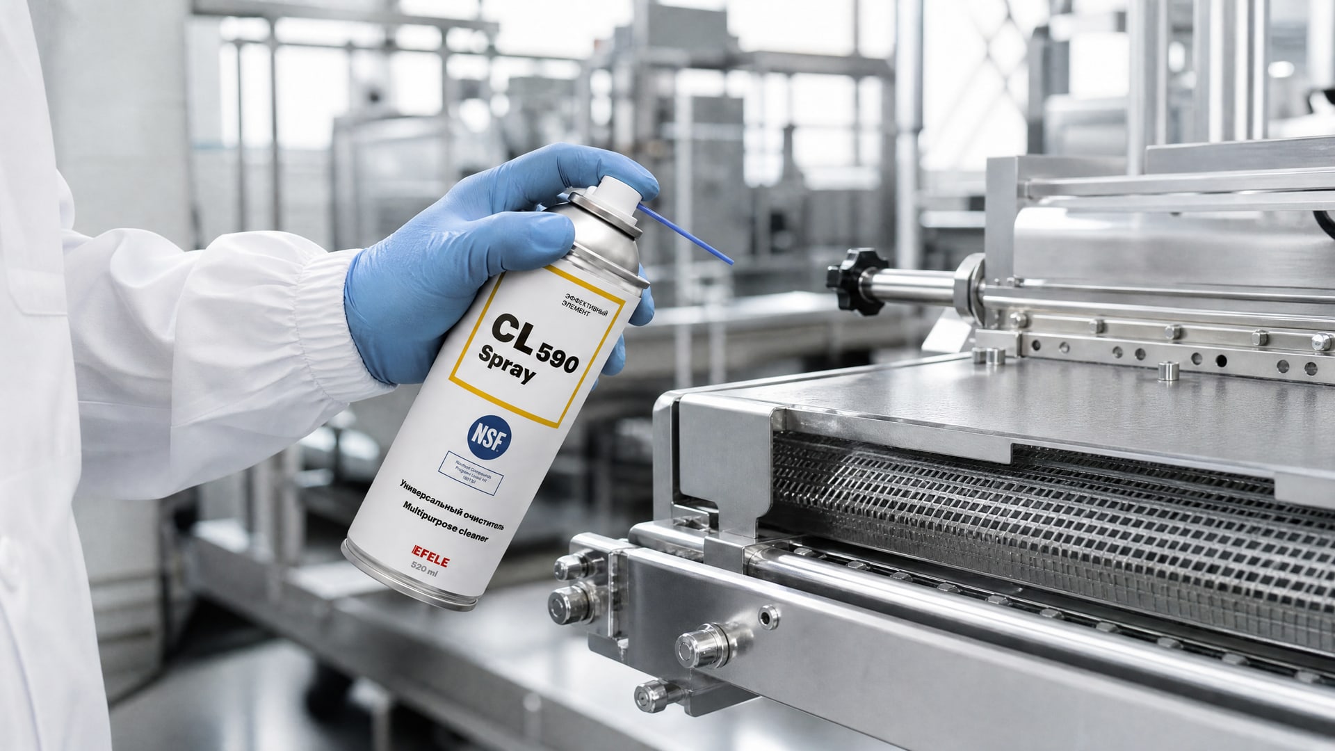 Работник наносит EFELE CL-590 Spray для очистки оборудования пищевого производства.