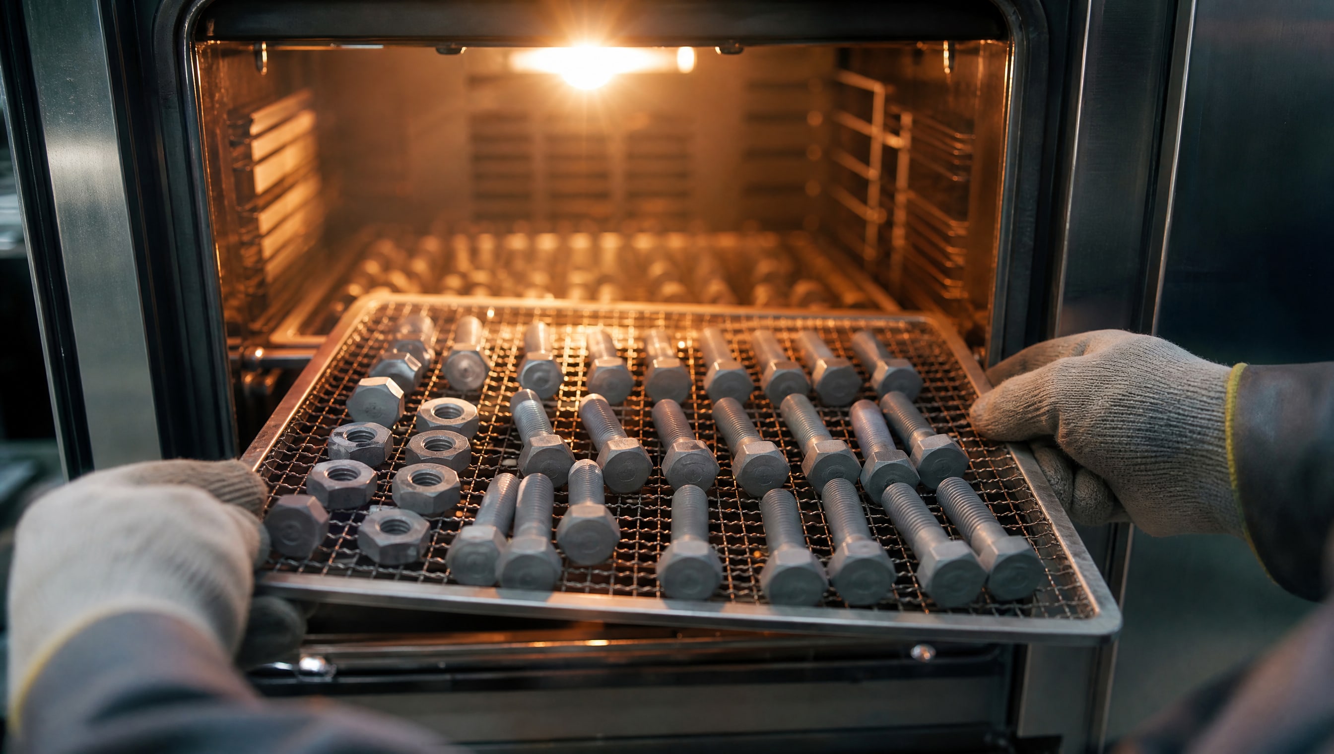 Метизы с защитным покрытием отверждаются в печи при 230 °C.