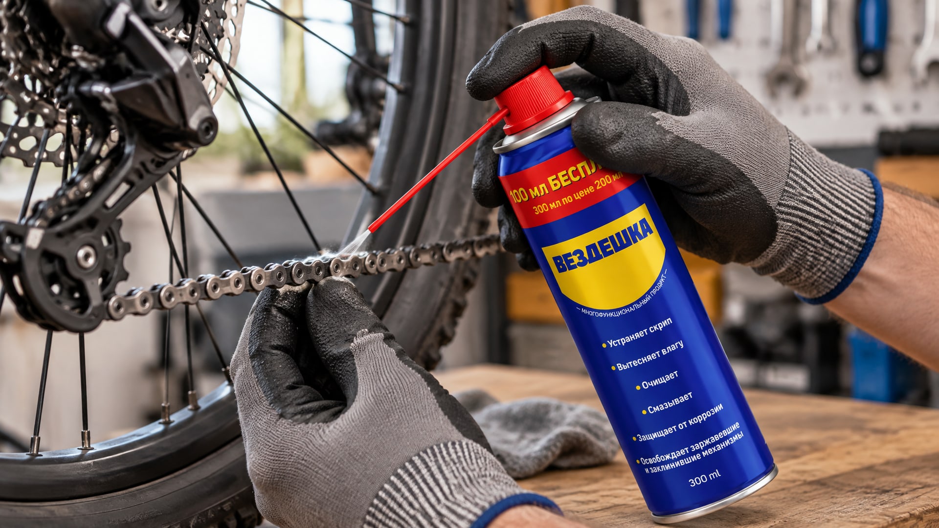 Рука в перчатке наносит универсальную смазку wd-40 на цепь велосипеда.