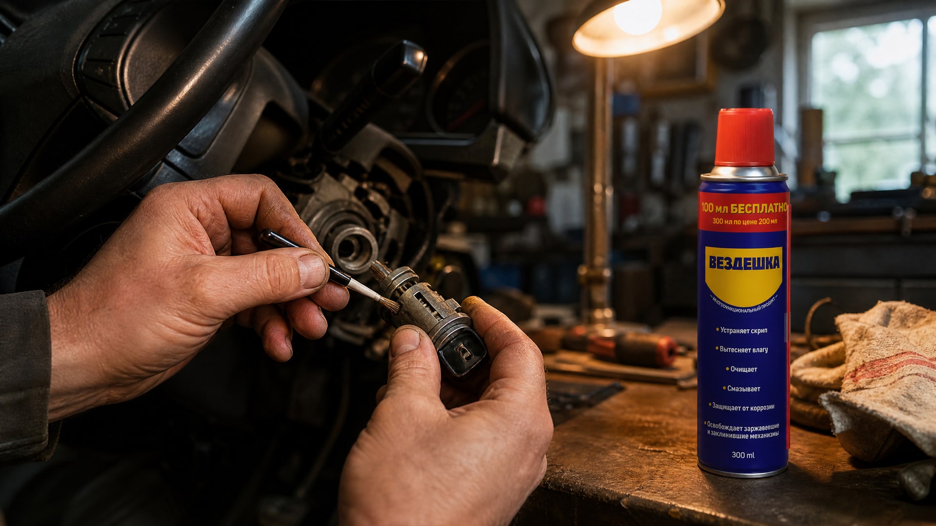 Рука в перчатке наносит WD-40 на замок зажигания автомобиля.