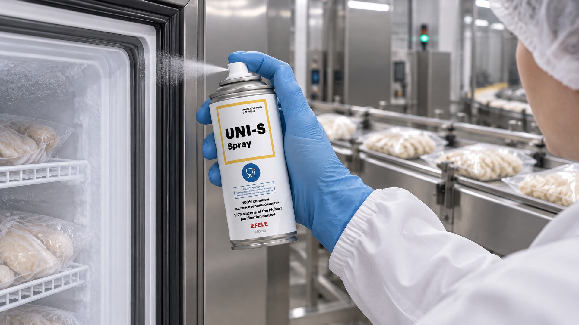 Рука наносит смазку EFELE UNI-S Spray на уплотнения для низких температур.