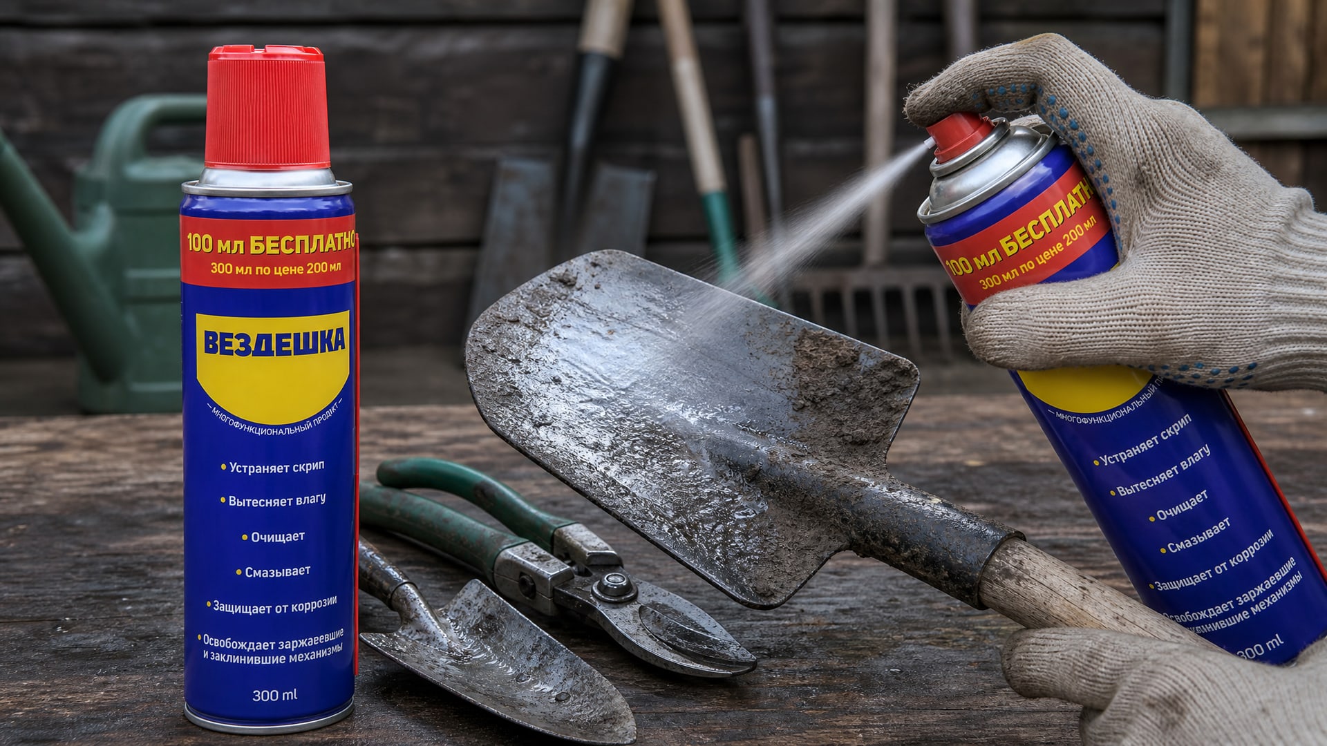 Рука в перчатке наносит wd-40 на садовый инвентарь.