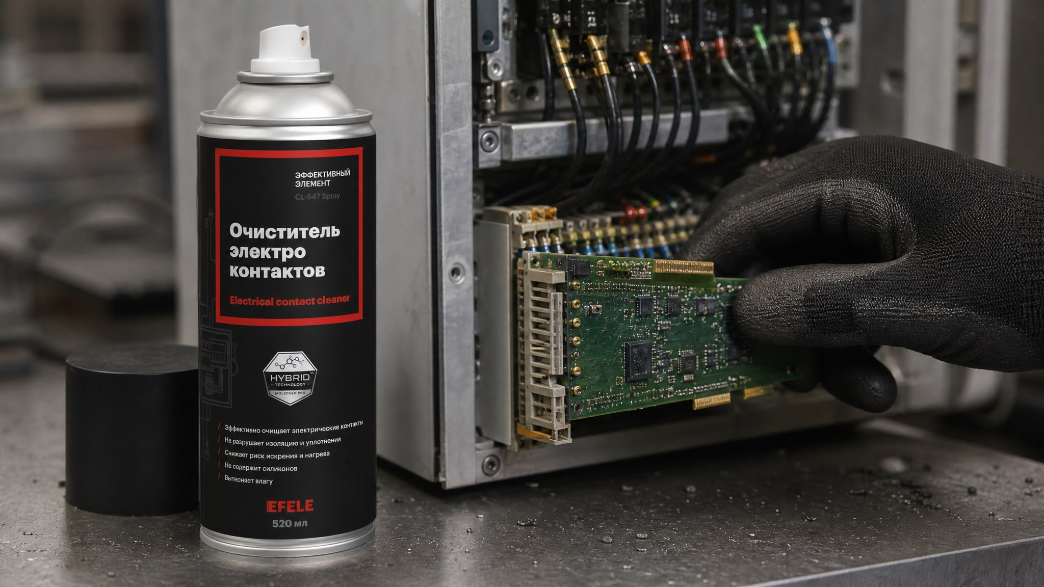 Рука наносит EFELE CL-547 Spray для очистки электрических контактов.
