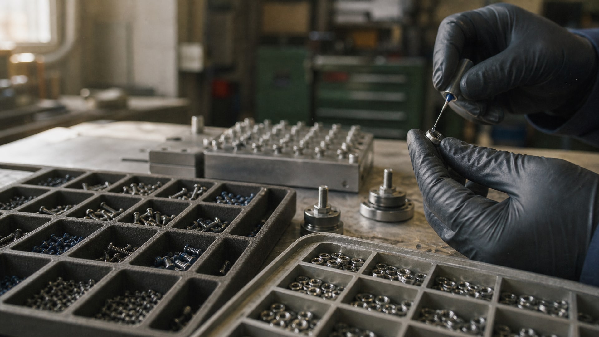 На верстаке лежат разные мелкие винты и крепежные детали, готовые для нанесения демонтируемого фиксатора резьбы низкой прочности. На верстаке лежат разные мелкие винты и крепежные детали, готовые для нанесения демонтируемого фиксатора резьбы низкой прочности.