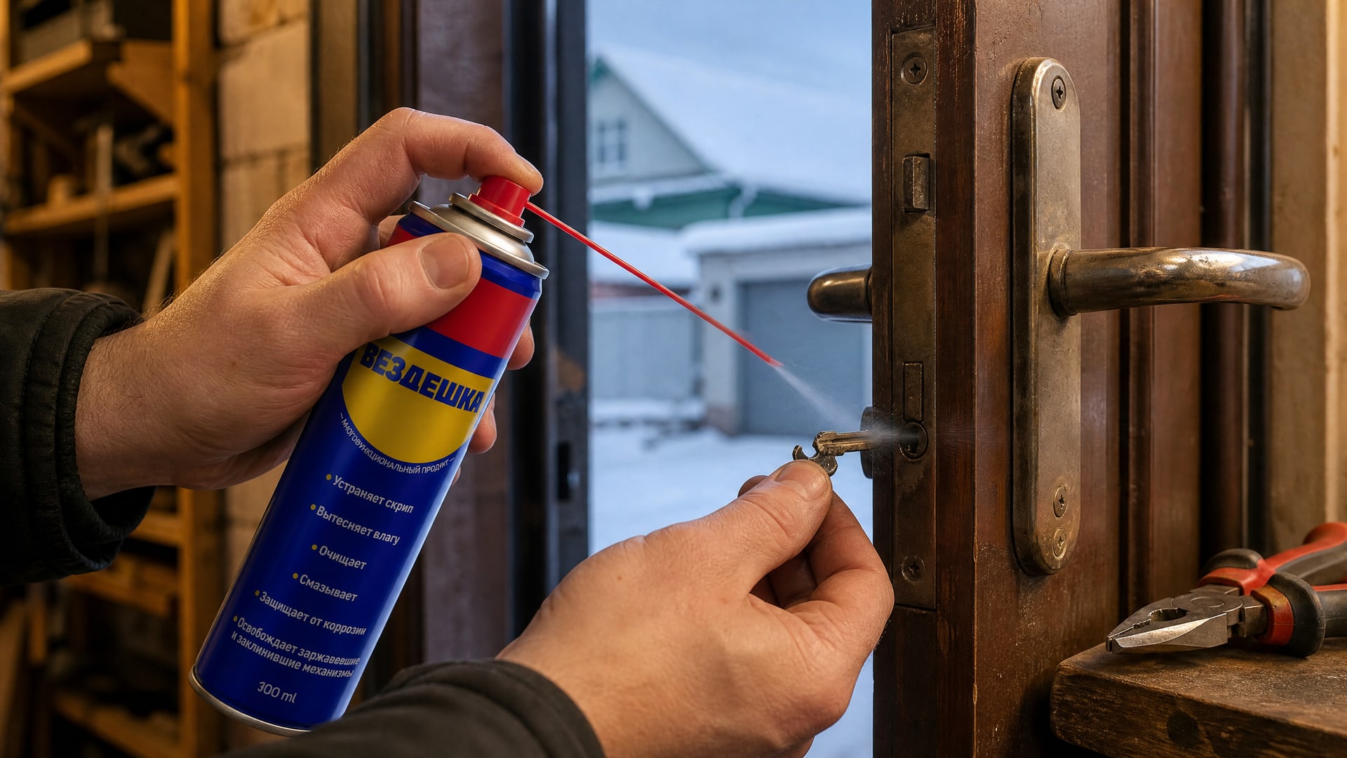 Рука в перчатке наносит универсальную смазку WD40 на замок.