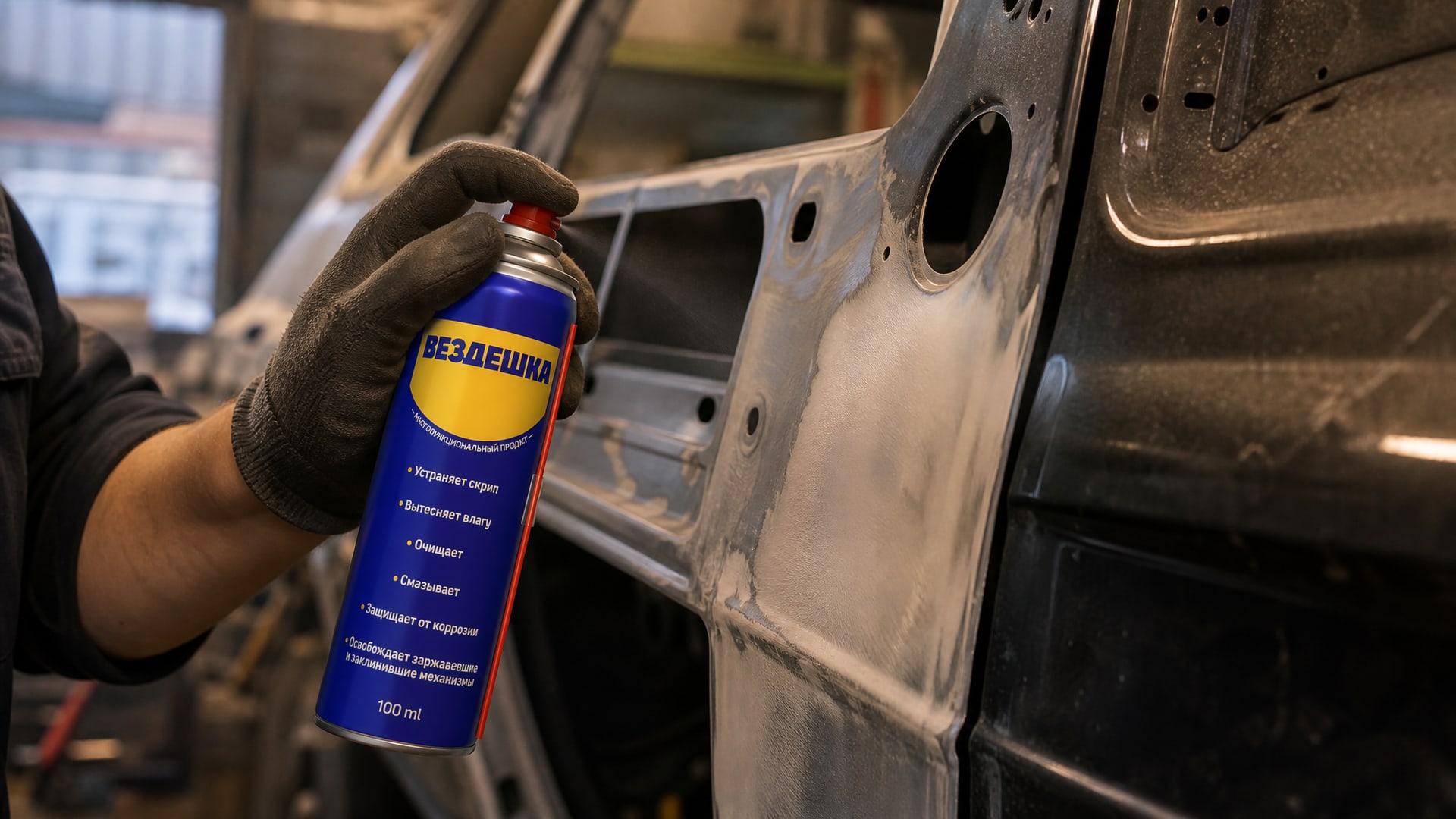 Рука в перчатке наносит универсальную смазку wd-40.