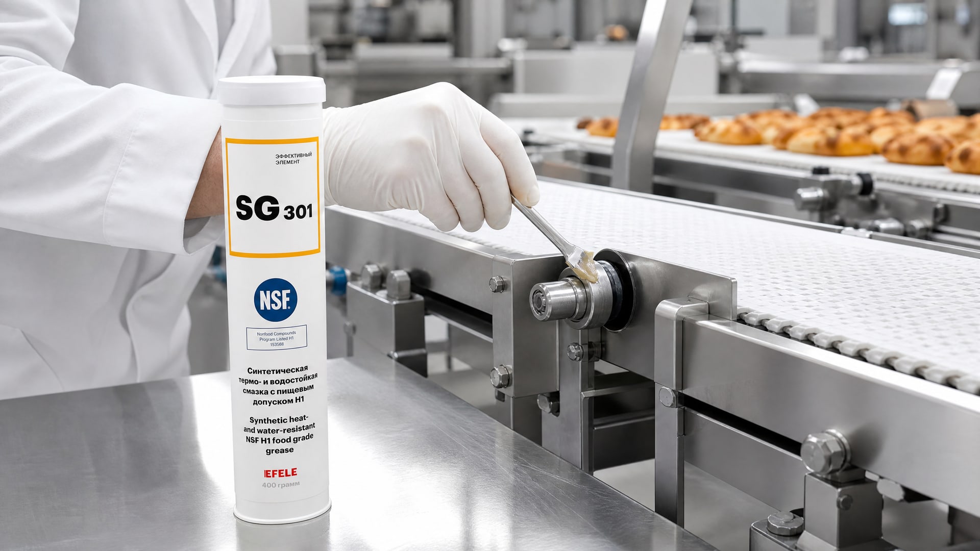 Рука наносит смазку EFELE SG-301 на конвейерную ленту пищевого производства.
