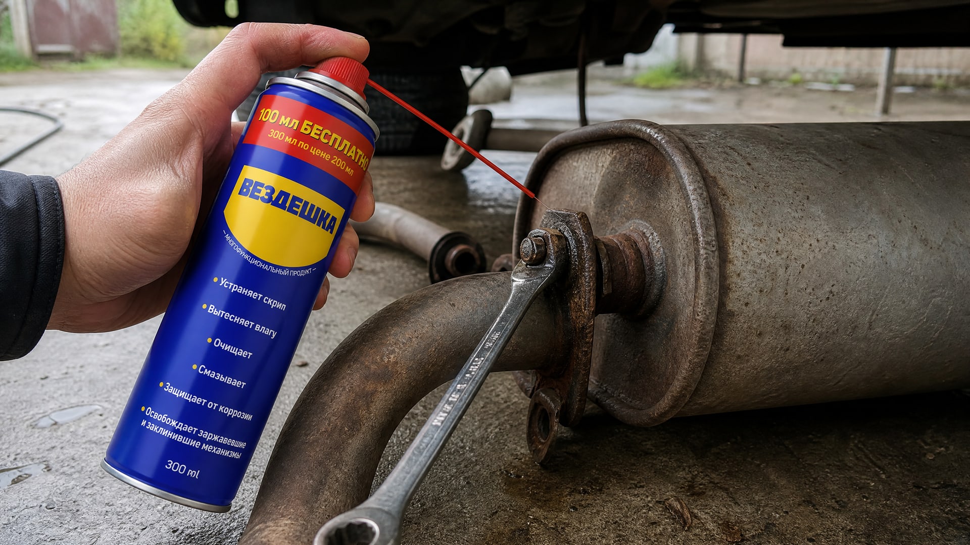 Рука в перчатке наносит универсальную смазку WD-40 на болт глушителя.