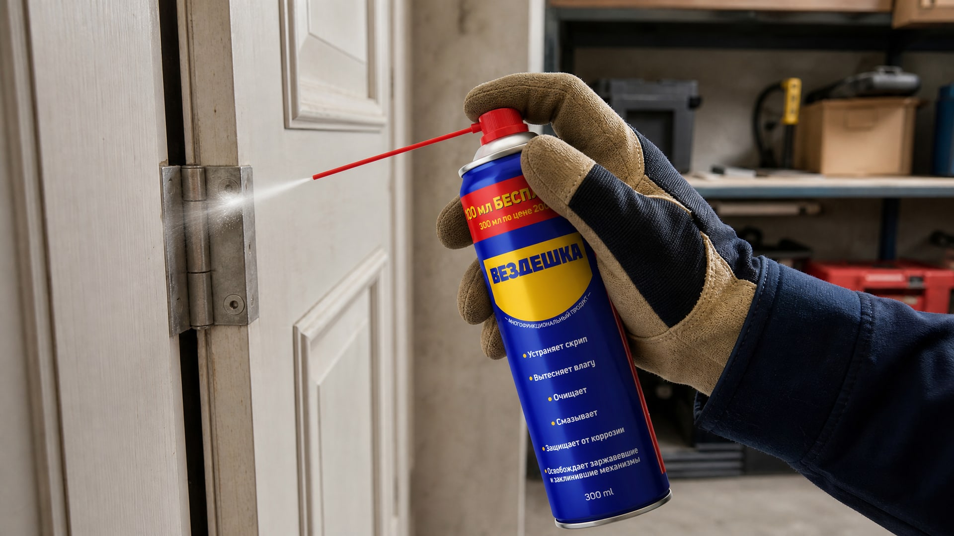 Человек в перчатке наносит универсальную смазку WD-40 на дверные петли. Человек в перчатке наносит универсальную смазку WD-40 на дверные петли.