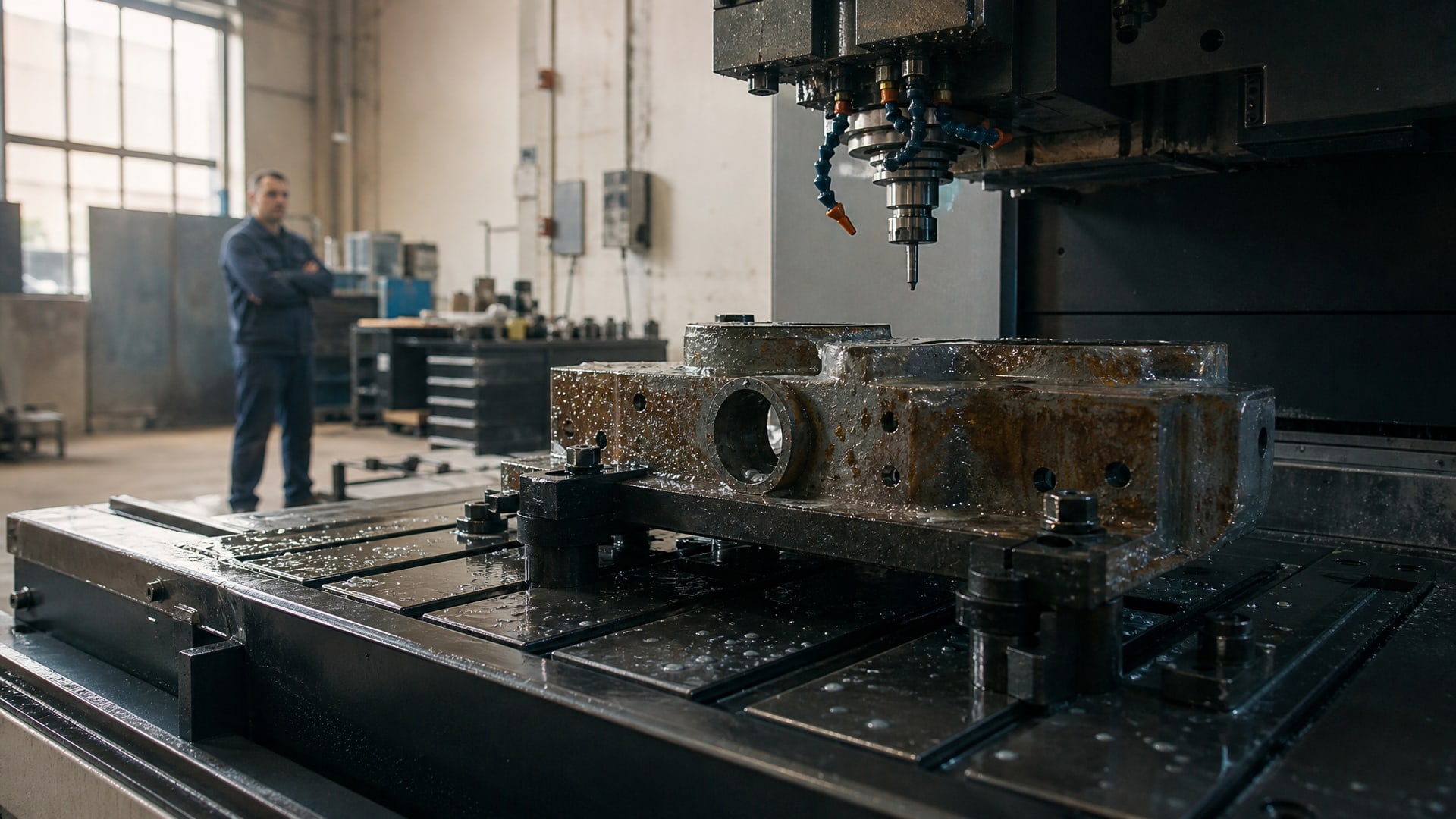 Металлическая деталь на станке с остатками СОЖ и следами ржавчины, как убрать ржавчину после обработки.