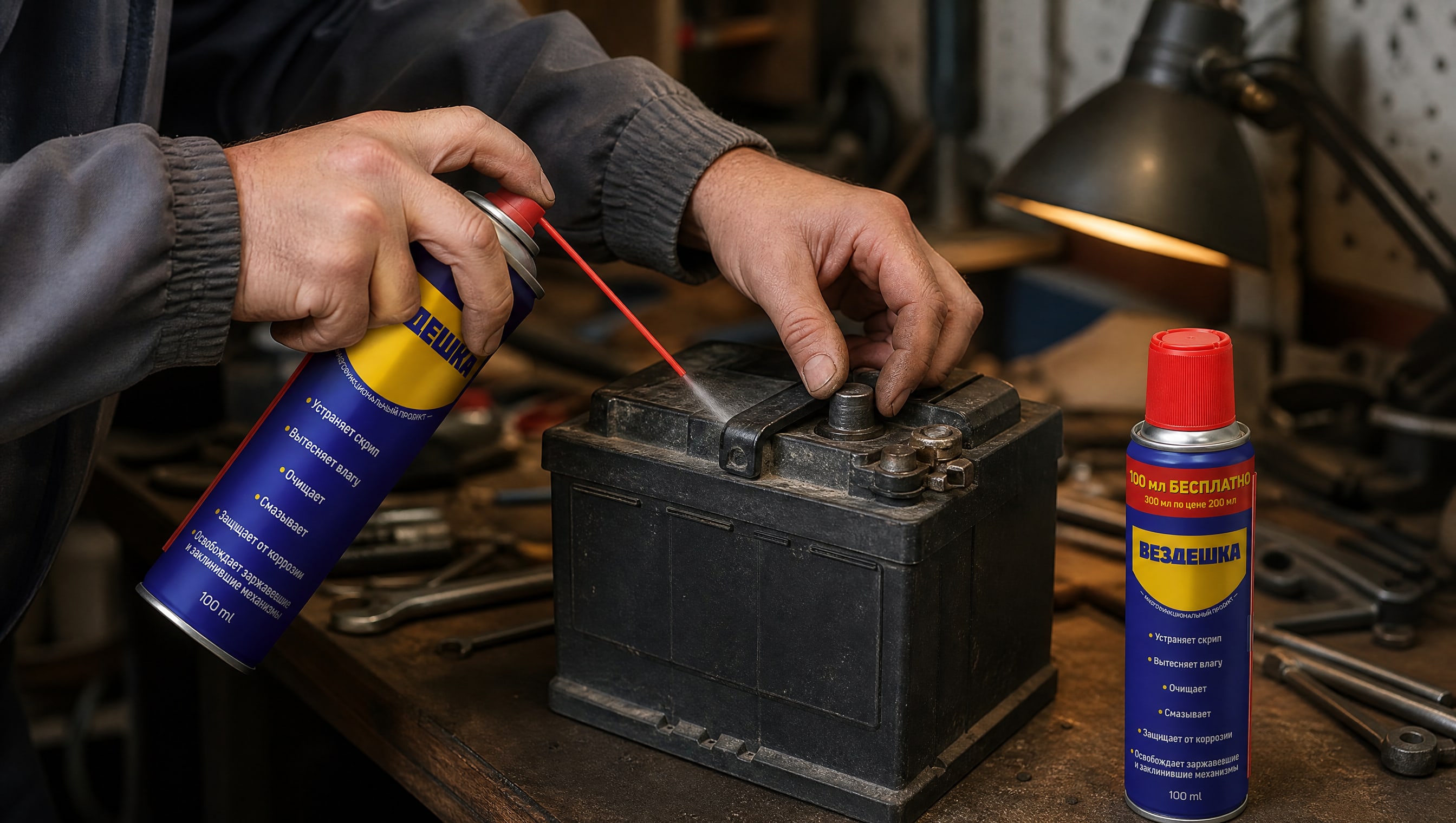 Рука в перчатке наносит универсальную смазку wd-40 на электроконтакты.