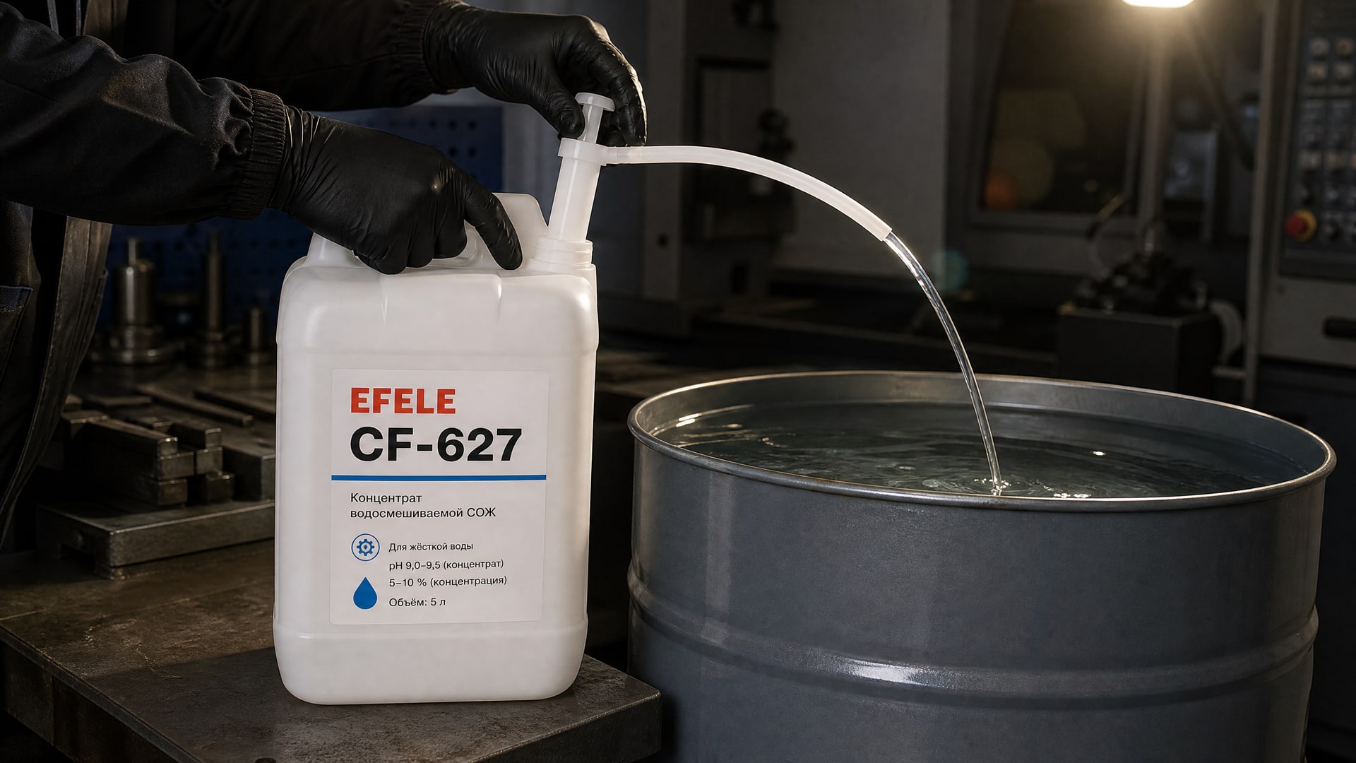 Нанесение EFELE CF-627 (концентрат водосмешиваемой СОЖ) для жесткости воды.