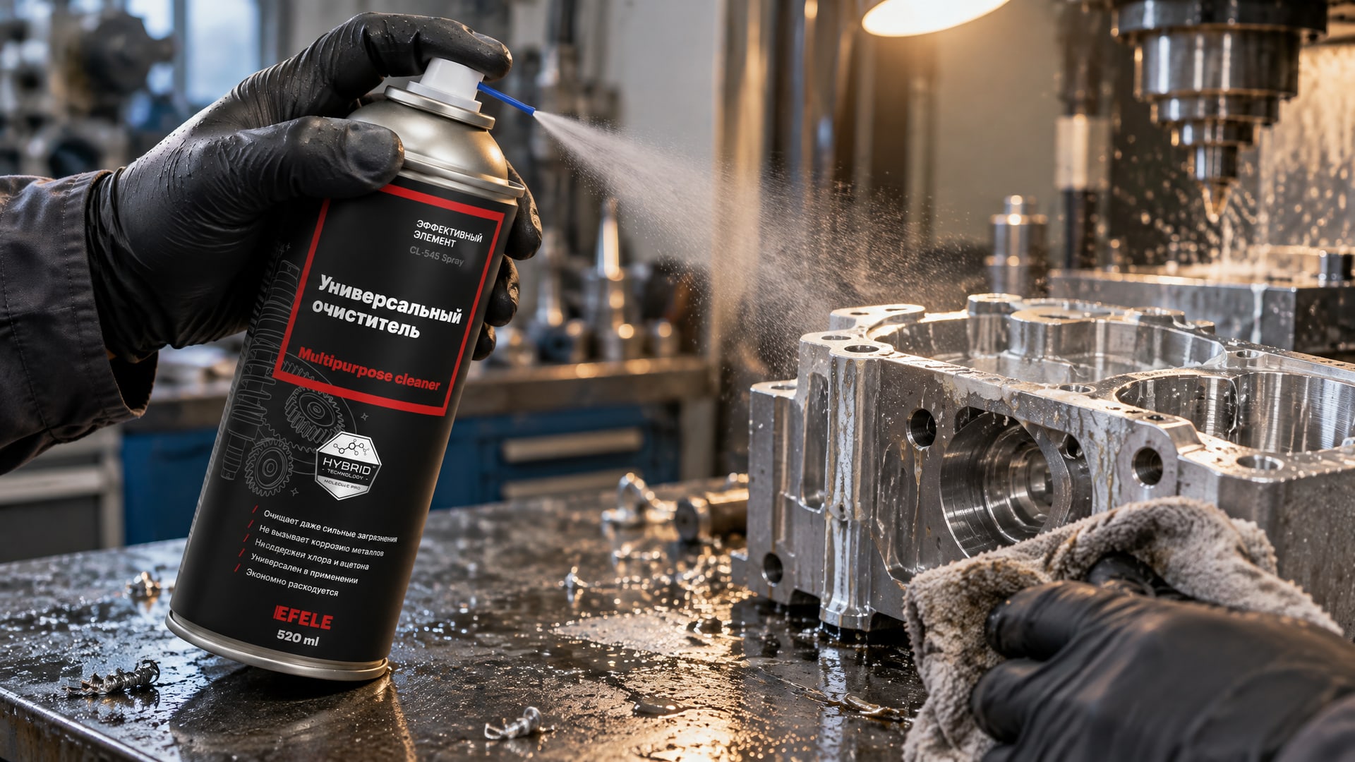 Рука в перчатке наносит EFELE CL-545 Spray на деталь для очистки сож для алюминия.