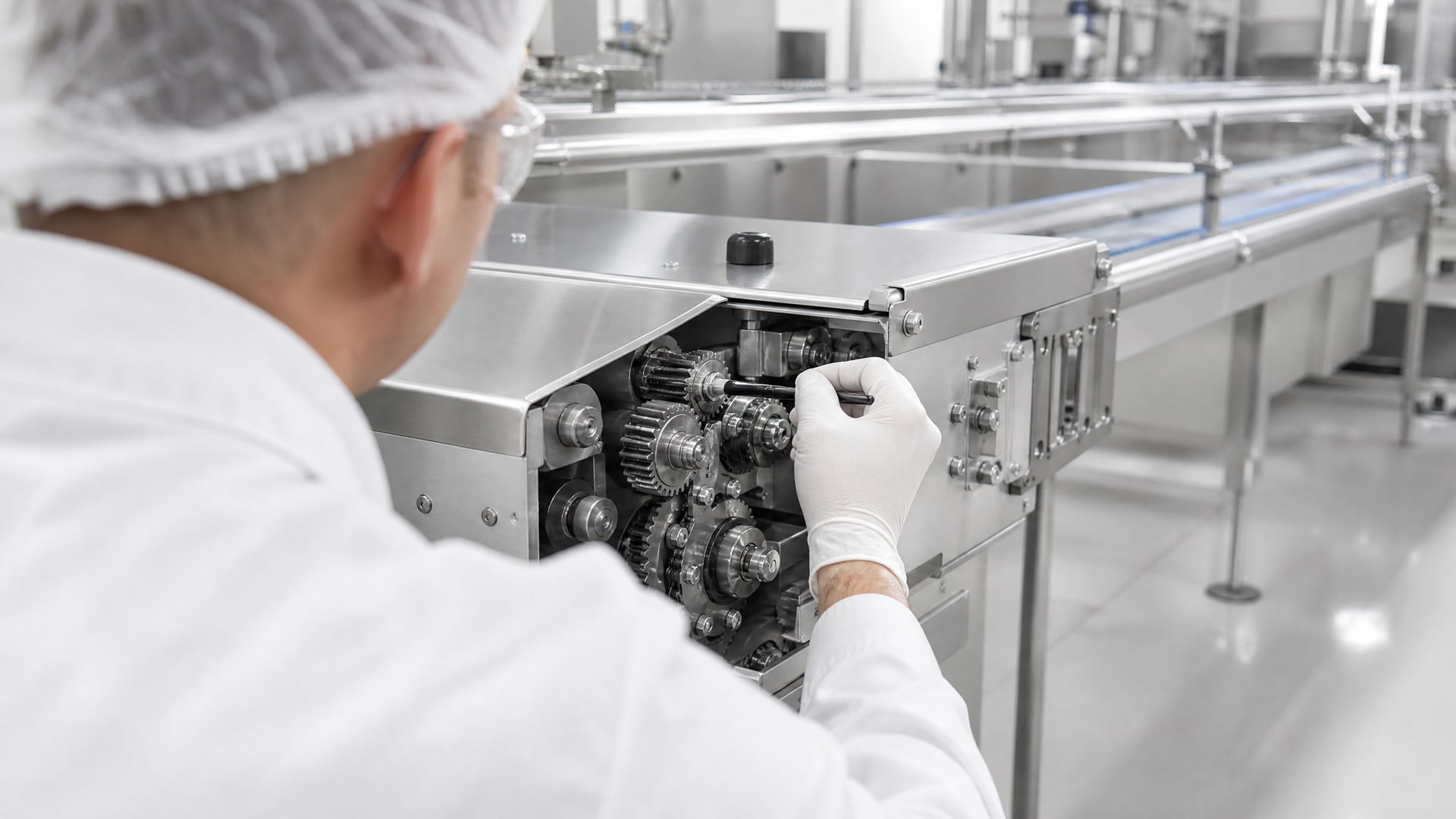 Специалист в белом халате аккуратно наносит смазку h1 haccp аудит на шестерни конвейера.