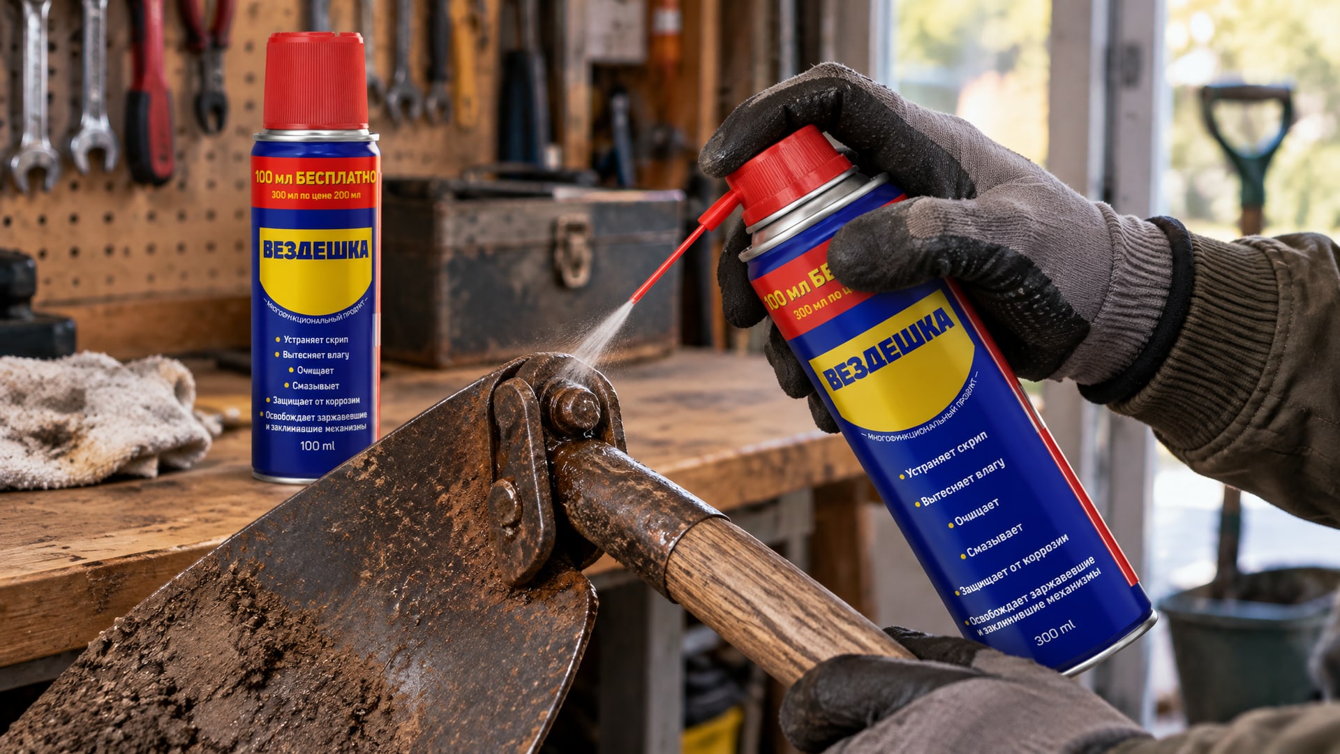 Рука в перчатке наносит универсальную смазку WD-40 на садовый инструмент.