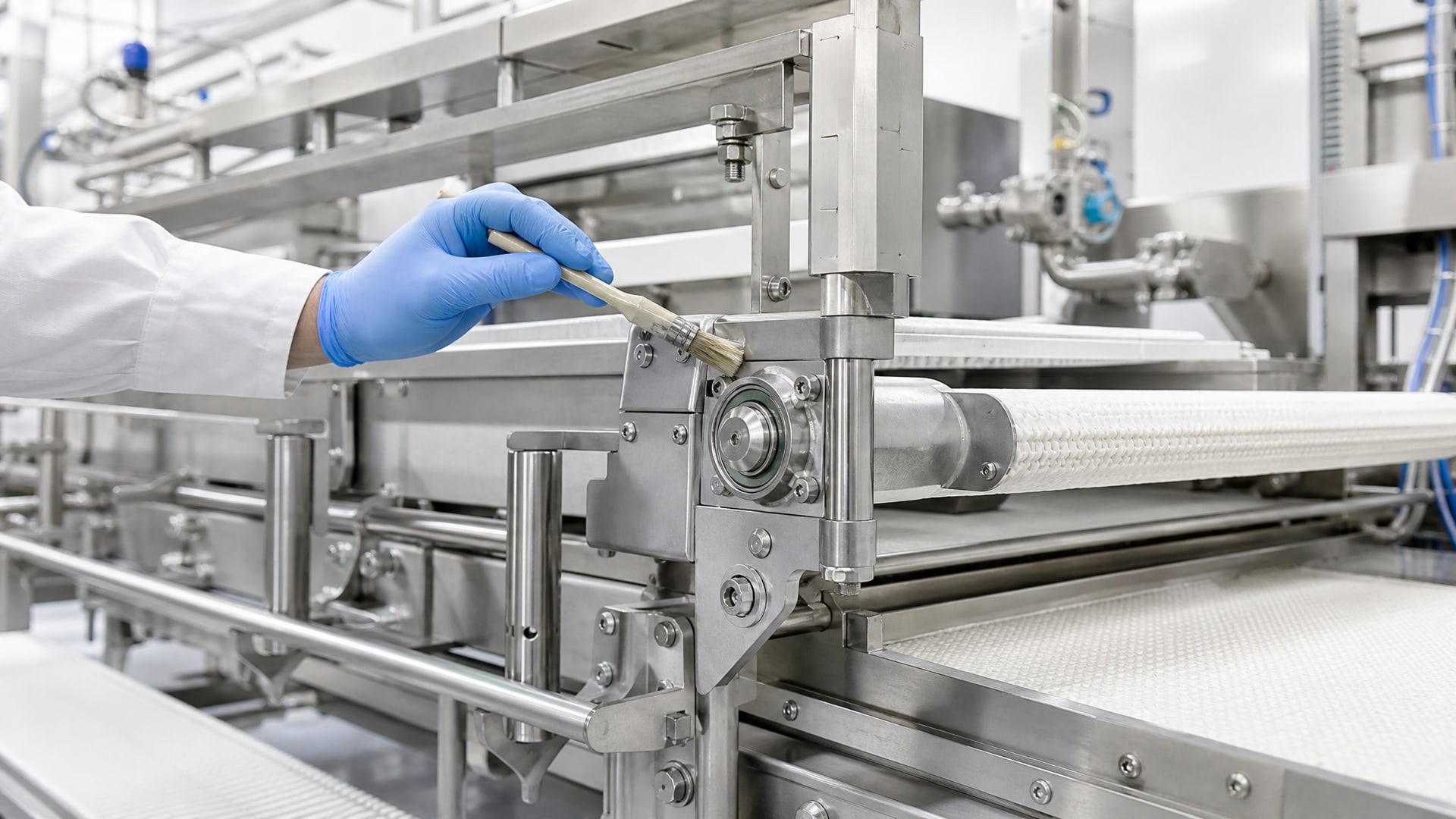 Работник наносит смазку контакт с продуктом на подшипники конвейера в чистом цеху.