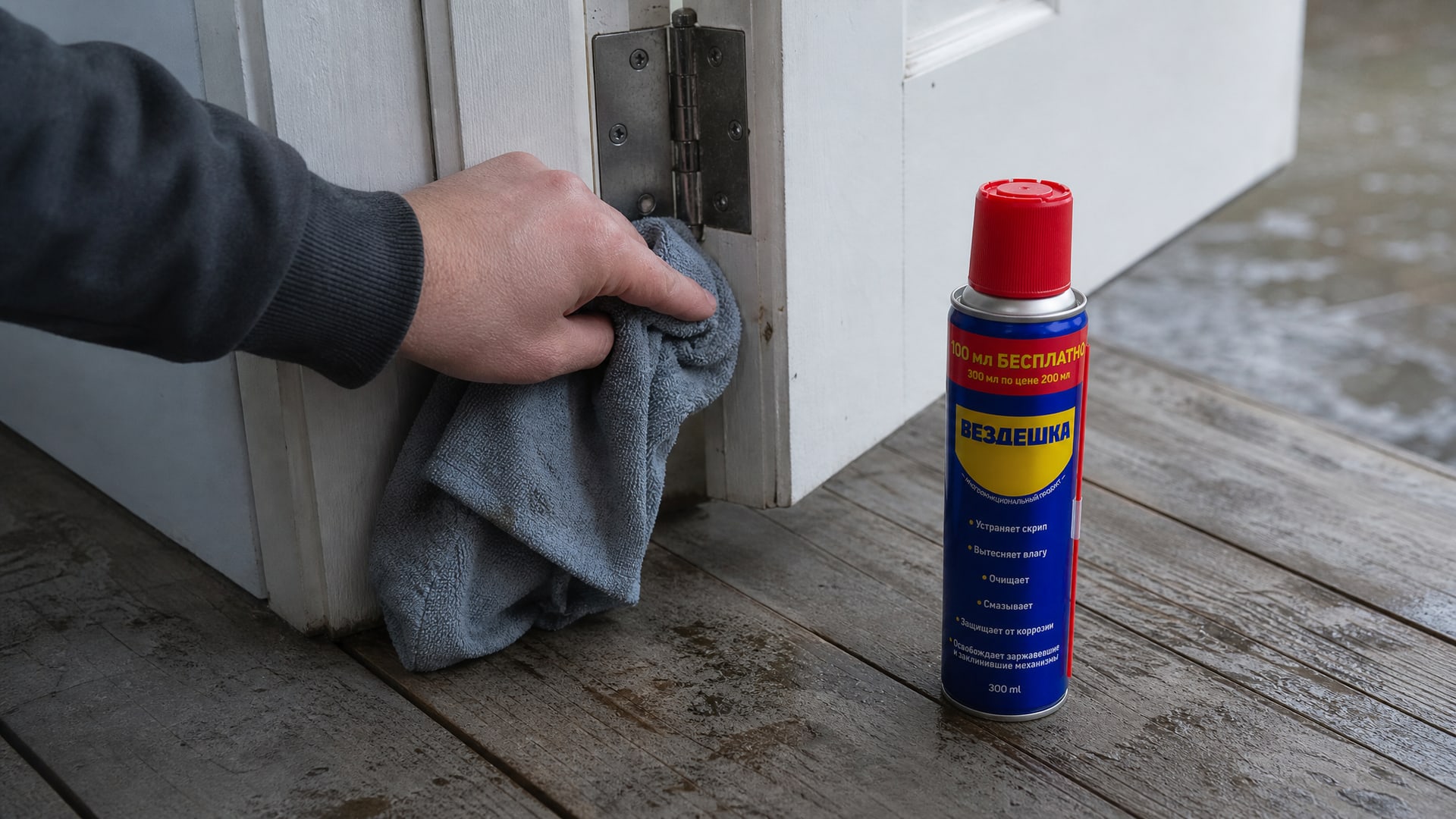 Рука в перчатке наносит универсальную смазку wd-40 на петли двери.