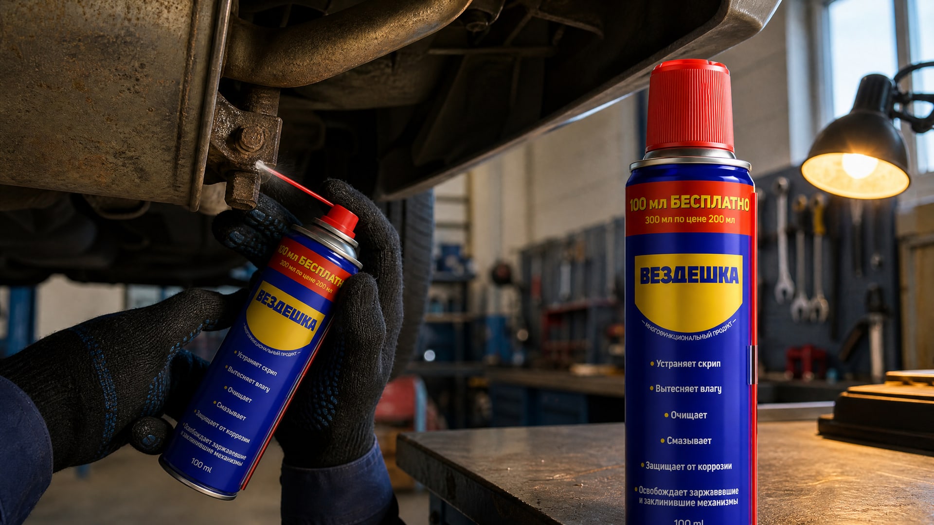 Рука наносит универсальную смазку wd-40 на закисшие болты глушителя.