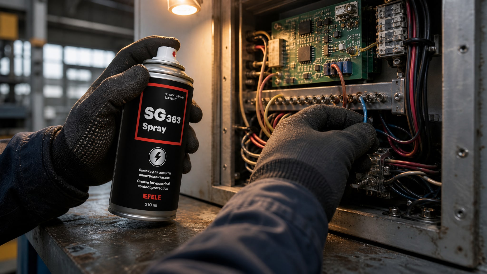 Нанесение EFELE SG-383 Spray для защиты электроконтактов.