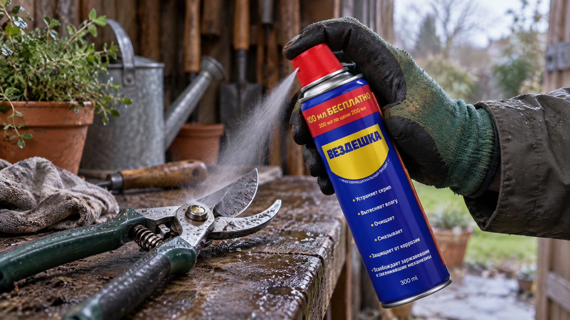 Рука в перчатке наносит универсальную смазку WD-40 на садовые инструменты.